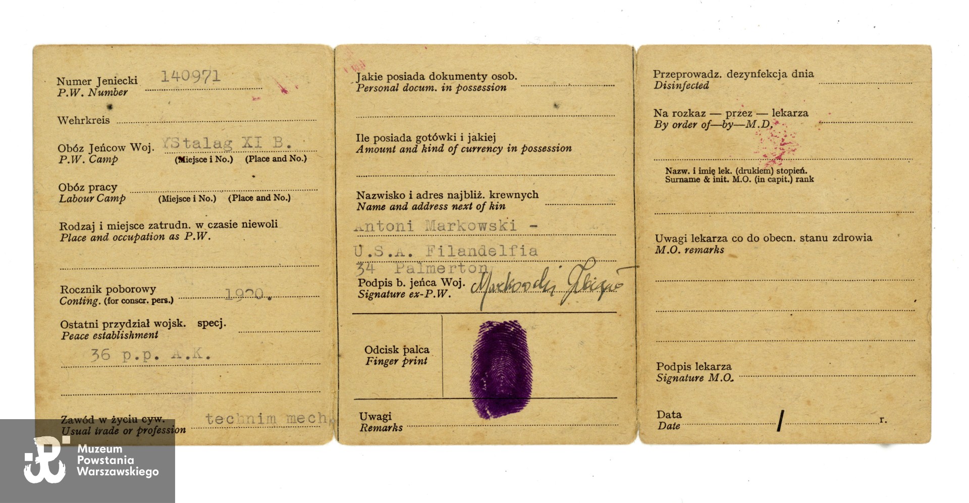 Legitymacja Byłego Jeńca Wojennego wystawiona na nazwisko Zbigniewa  Markowskiego ps. Grey.   Ze zbiorów rodzinnych p. Bartosza Markowskiego, wnuka Powstańca. Skan wykonano w Muzeum Powstania Warszawskiego, 11/2025