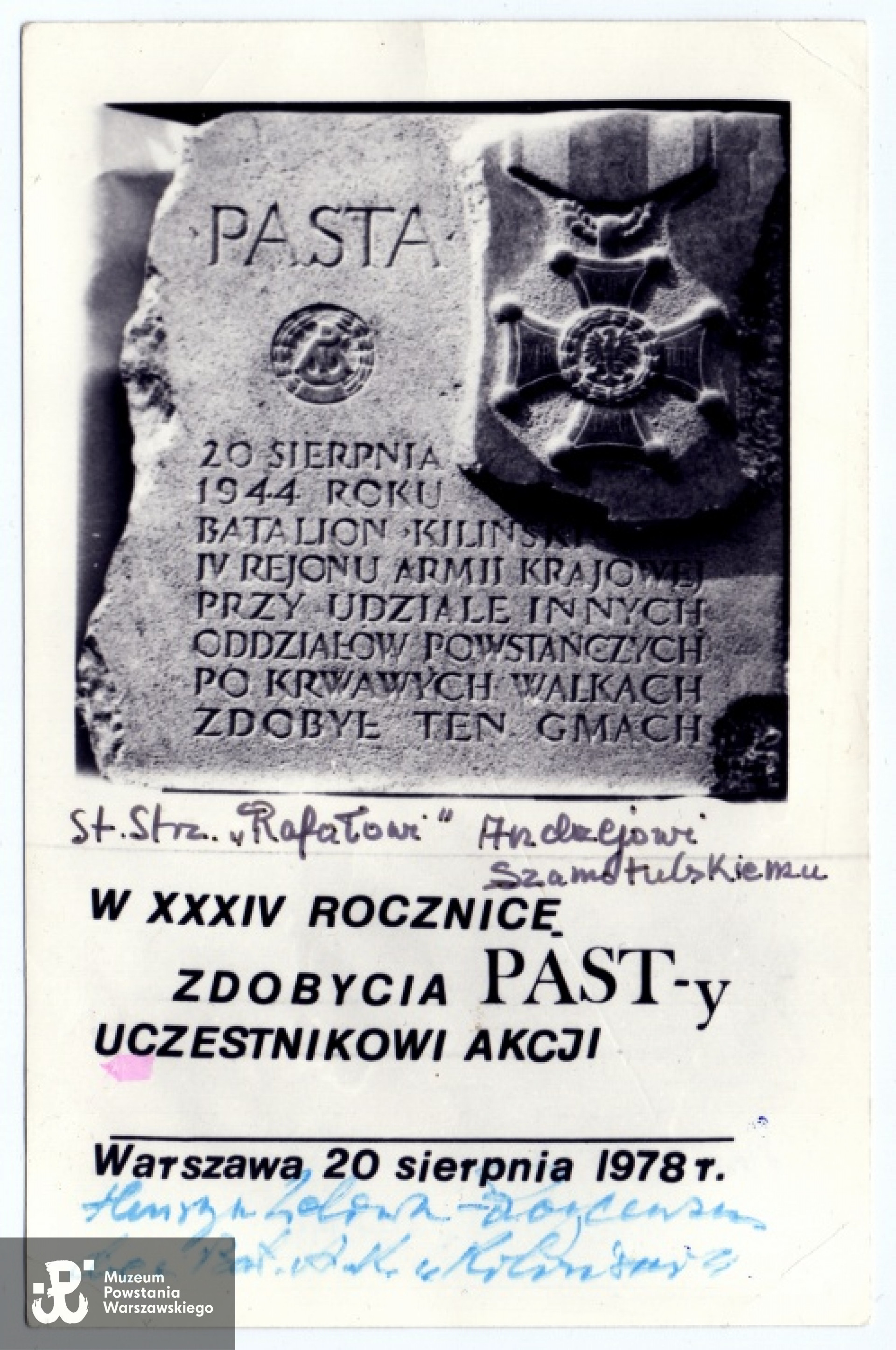 Dedykacja dla  Andrzeja Szamotulskiego "Rafała" podpisana przez dowódcę batalionu "Kiliński" Henryka Leliwę - Roycewicza. Fot. z archiwum rodzinnego Andrzeja Szamotulskiego.