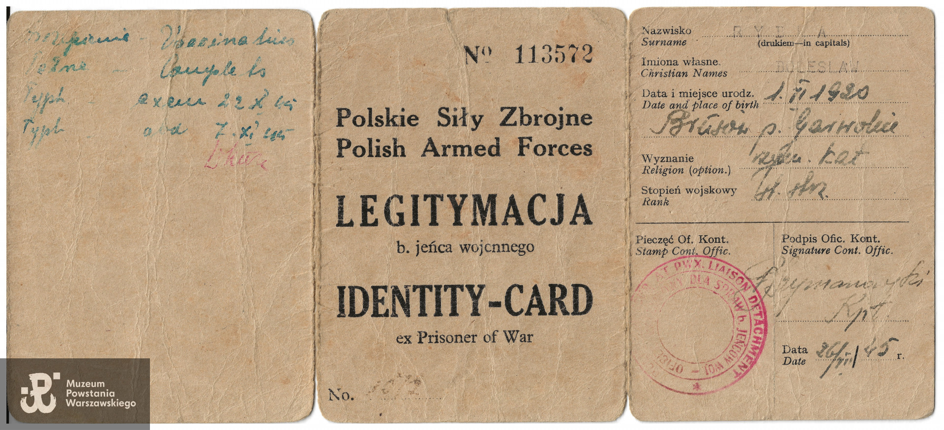 Legitymacja byłego jeńca wojennego.  Ze zbiorów rodzinnych, udostępnił p. Witold Rybka, syn Powstańca