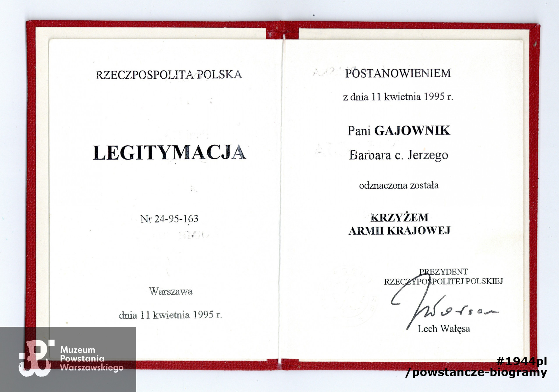 Legitymacja odznaczeniowa - Krzyż Armii Krajowej