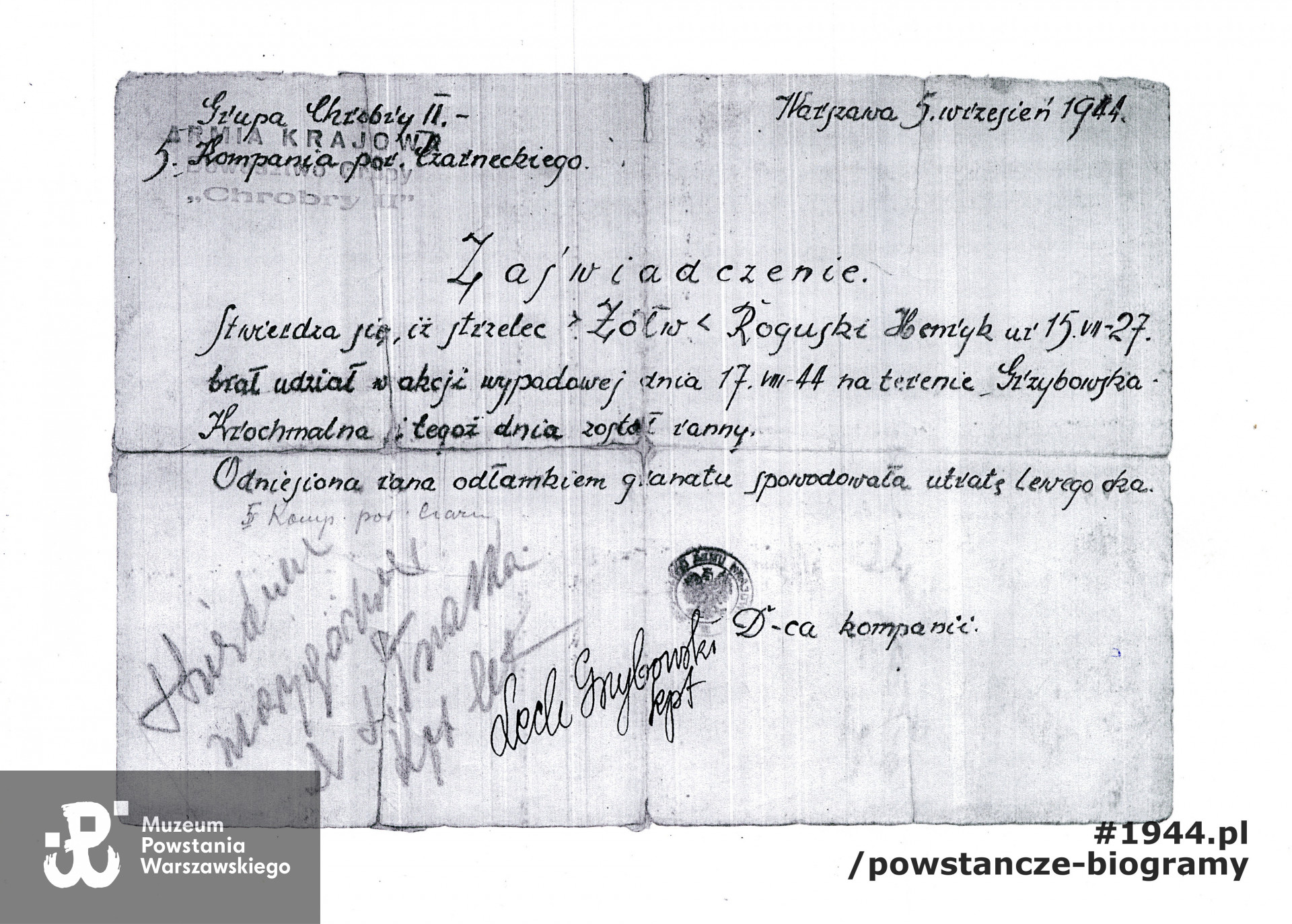 Kopie dokumentów udostępnione przez bratową, p. Józefę Roguską