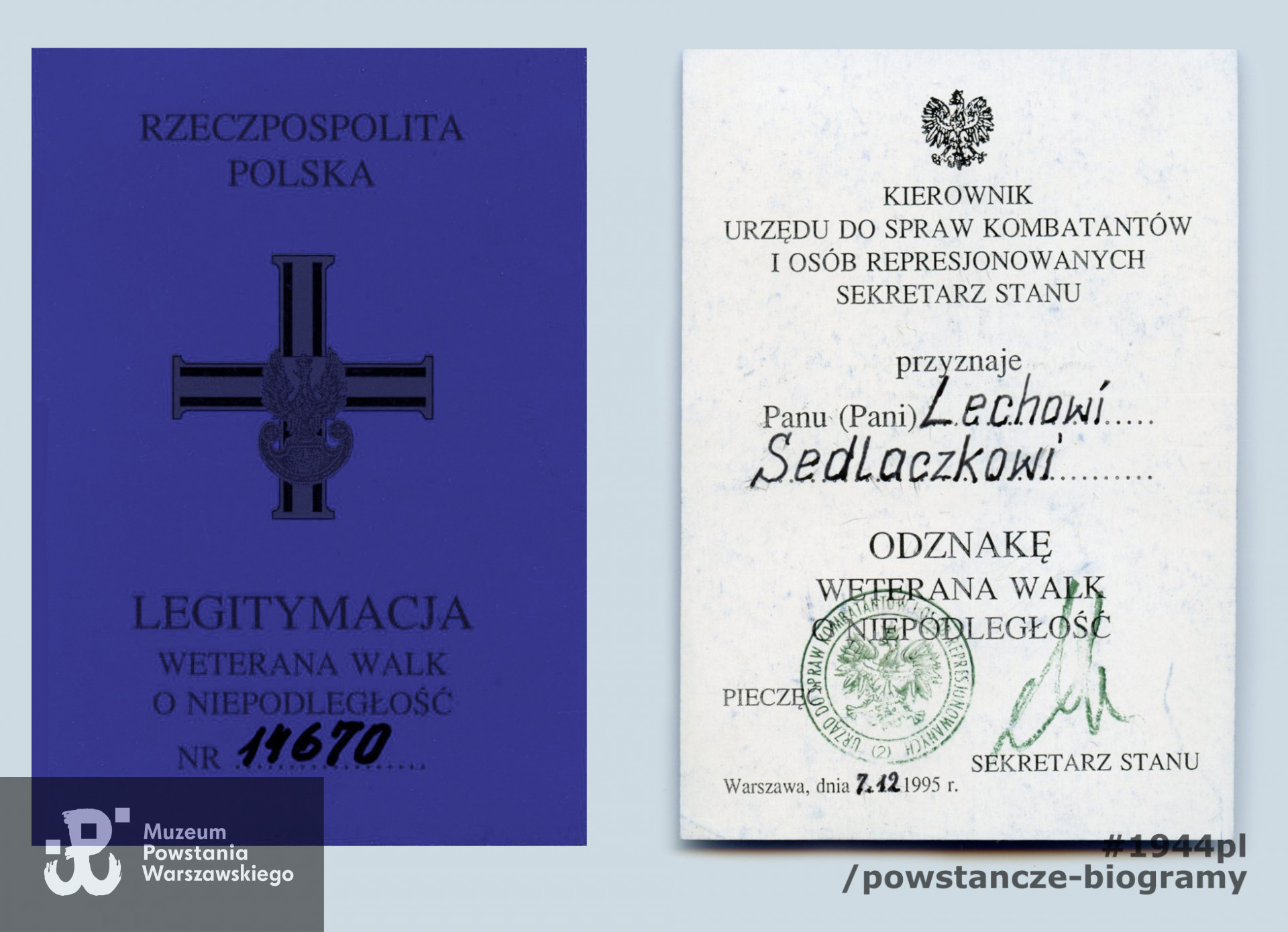 Legitymacja Weterana Walk o Niepodległość, 1995 r. Z archiwum rodzinnego p. Lecha Sedlaczka ps. Hak