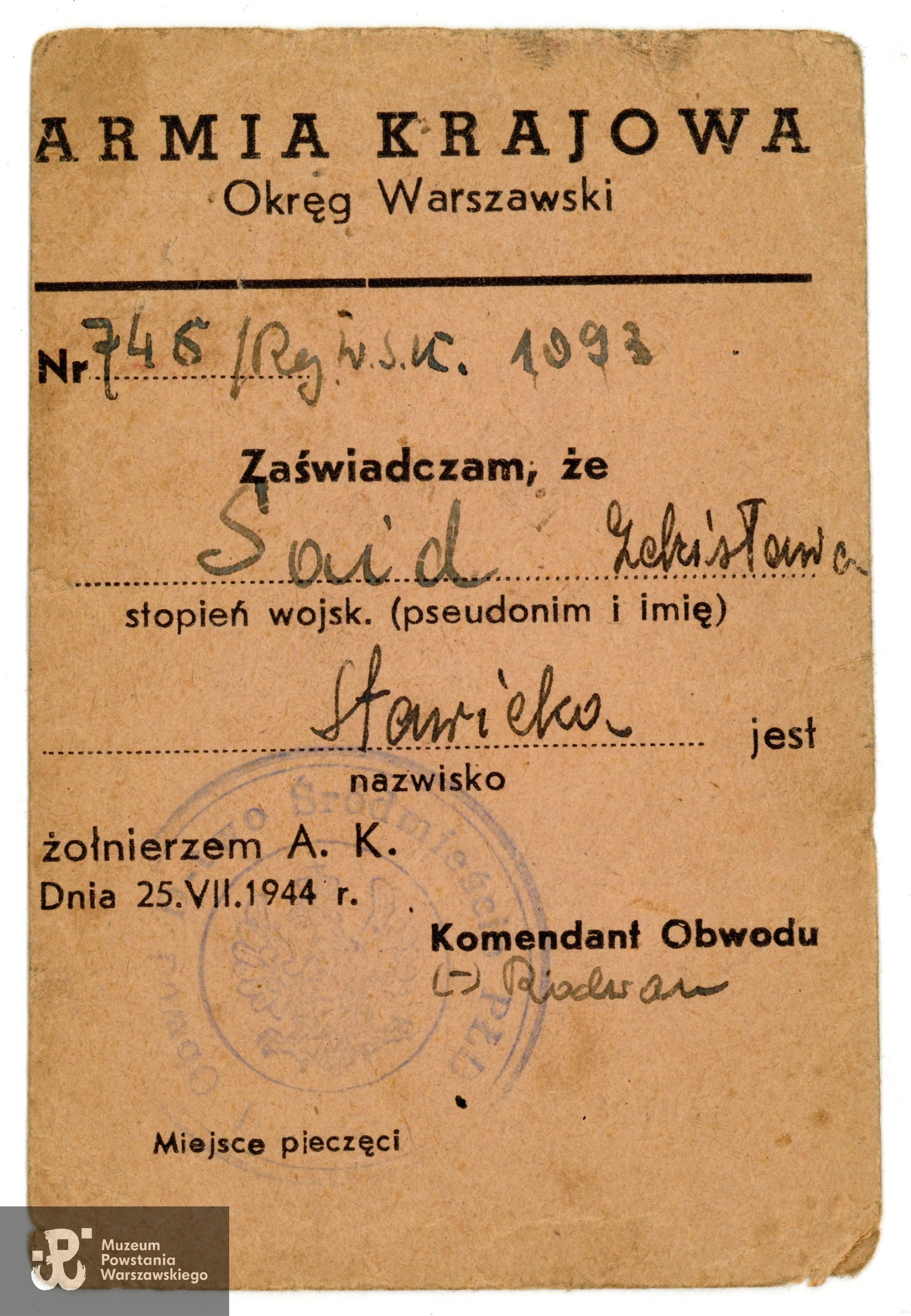 Legitymacja Armii Krajowej wystawiona na nazwisko Zdzisława Stawicka „Said”