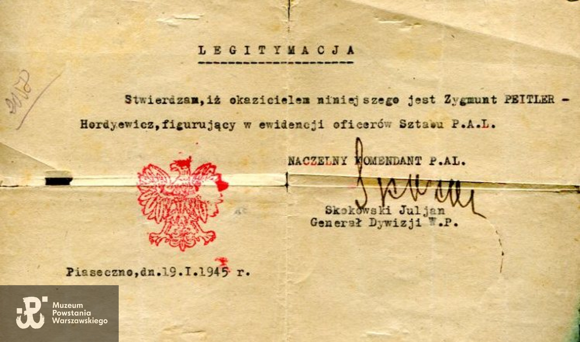 MPW-zbiory: MPW-A/1290 - legitymacja (zastępcza) PAL  wystawiona na nazwisko Zygmunt Peitler- Hordyewicz
