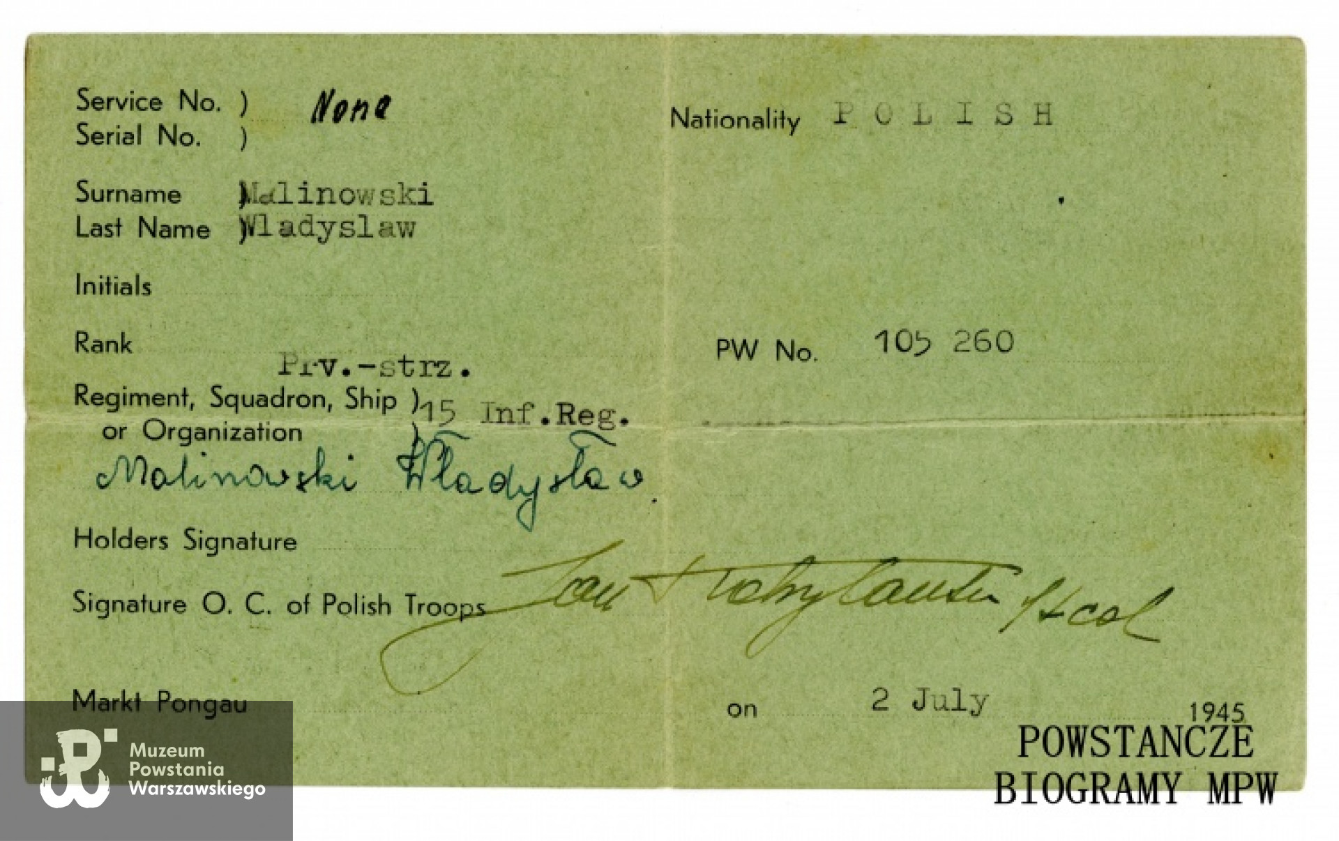 Legitymacja b. Jeńca wojennego na fałszywe nazwisko Władysława Malinowskiego. Ze zbiorów Muzeum Powstania Warszawskiego, sygn. P/1185, dar Włodzimierza Wiśniewskiego "Szczerby"