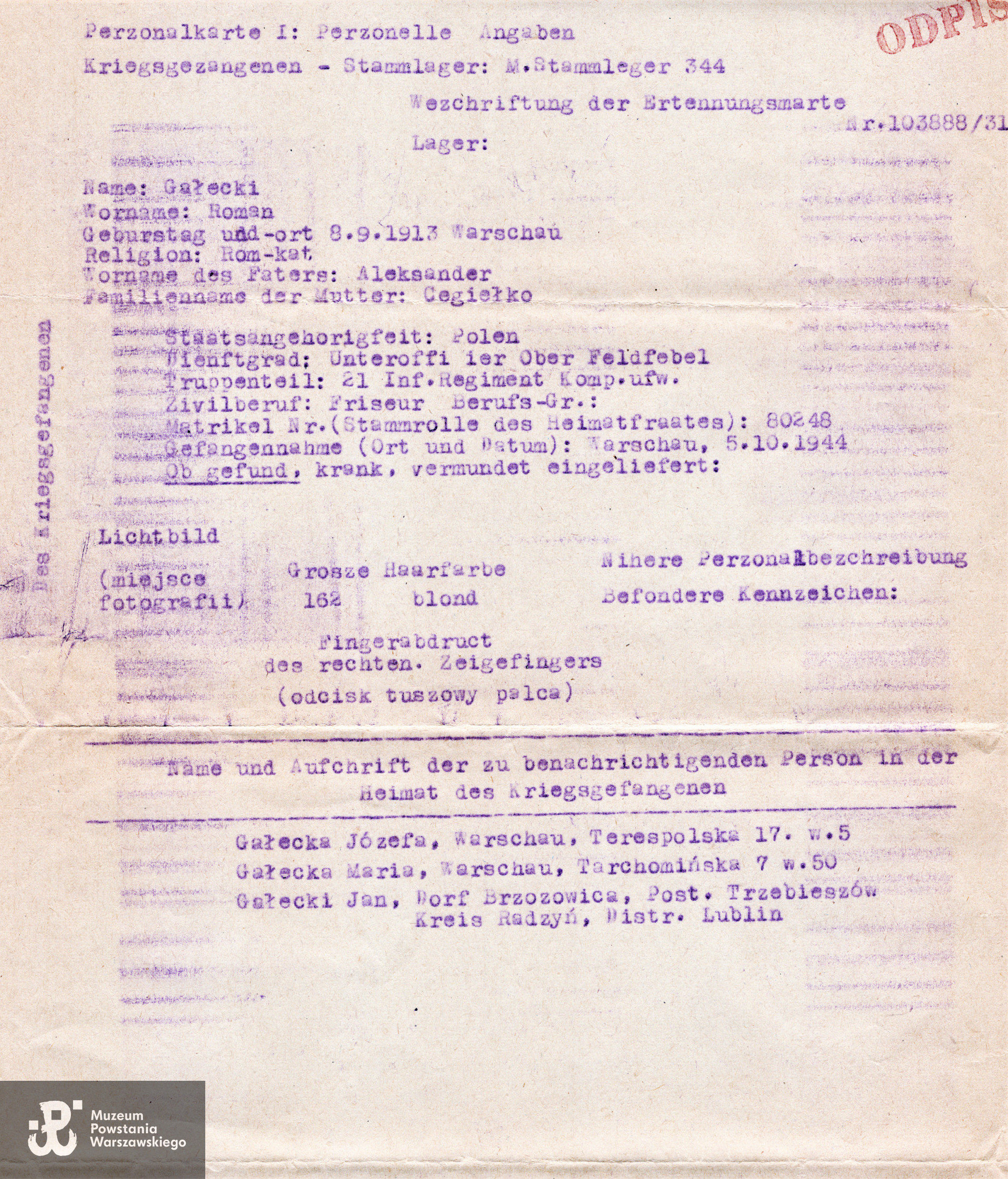 Odpis karty obozowej (niem. Personalkarte) wystawionej przez Niemców na nazwisko Roman Gałecki. Ze zbiorów rodzinnych p. Danuty Szydłowskiej