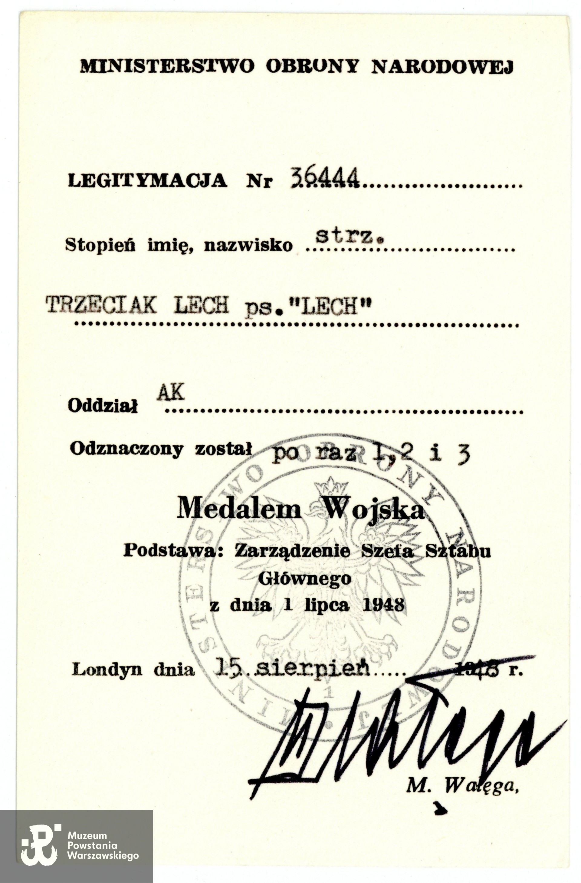 Legitymacja odznaczeniowa - Medal Wojska