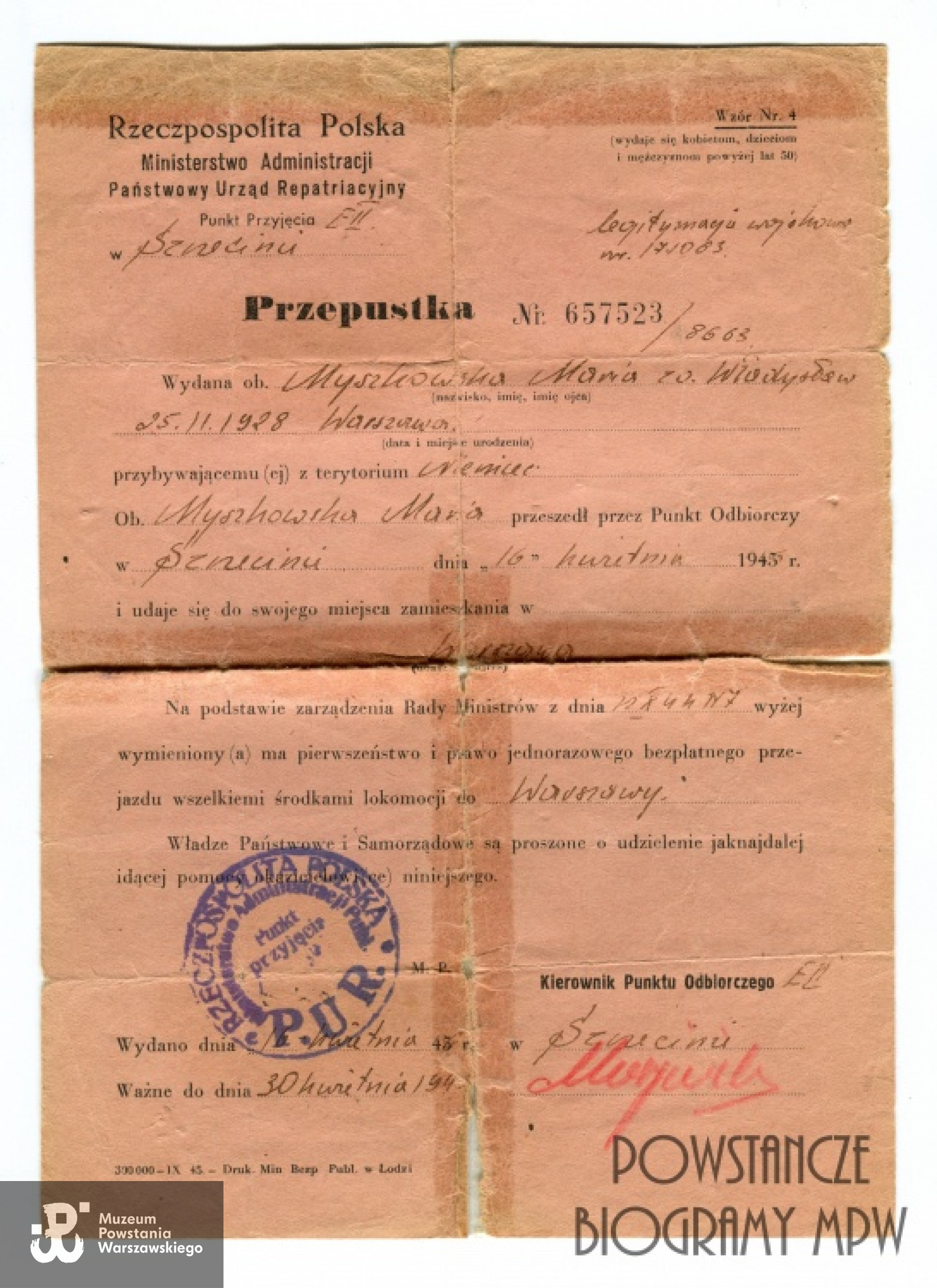 Zaświadczenie Państwowego Urzędu Repatriacyjnego. Z archiwum rodzinnego Marii Bourquin - Rulskiej, obecnie w zbiorach MPW, sygn. P/8408