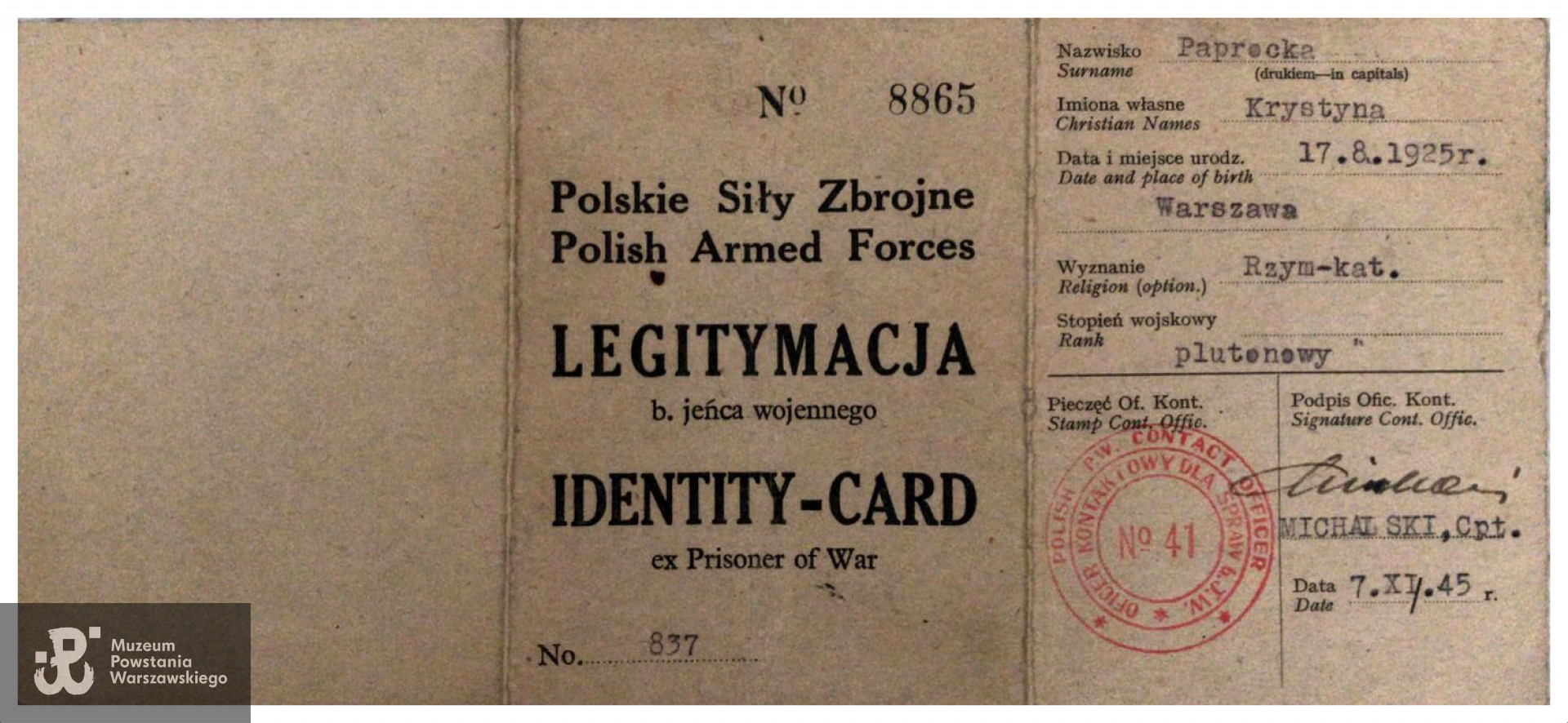 Legitymacja byłego jeńca wojennego. Ze zbiorów   p. Krystyny Paprockiej - Woźniak, skan udostępnił p. Artur Świtalski