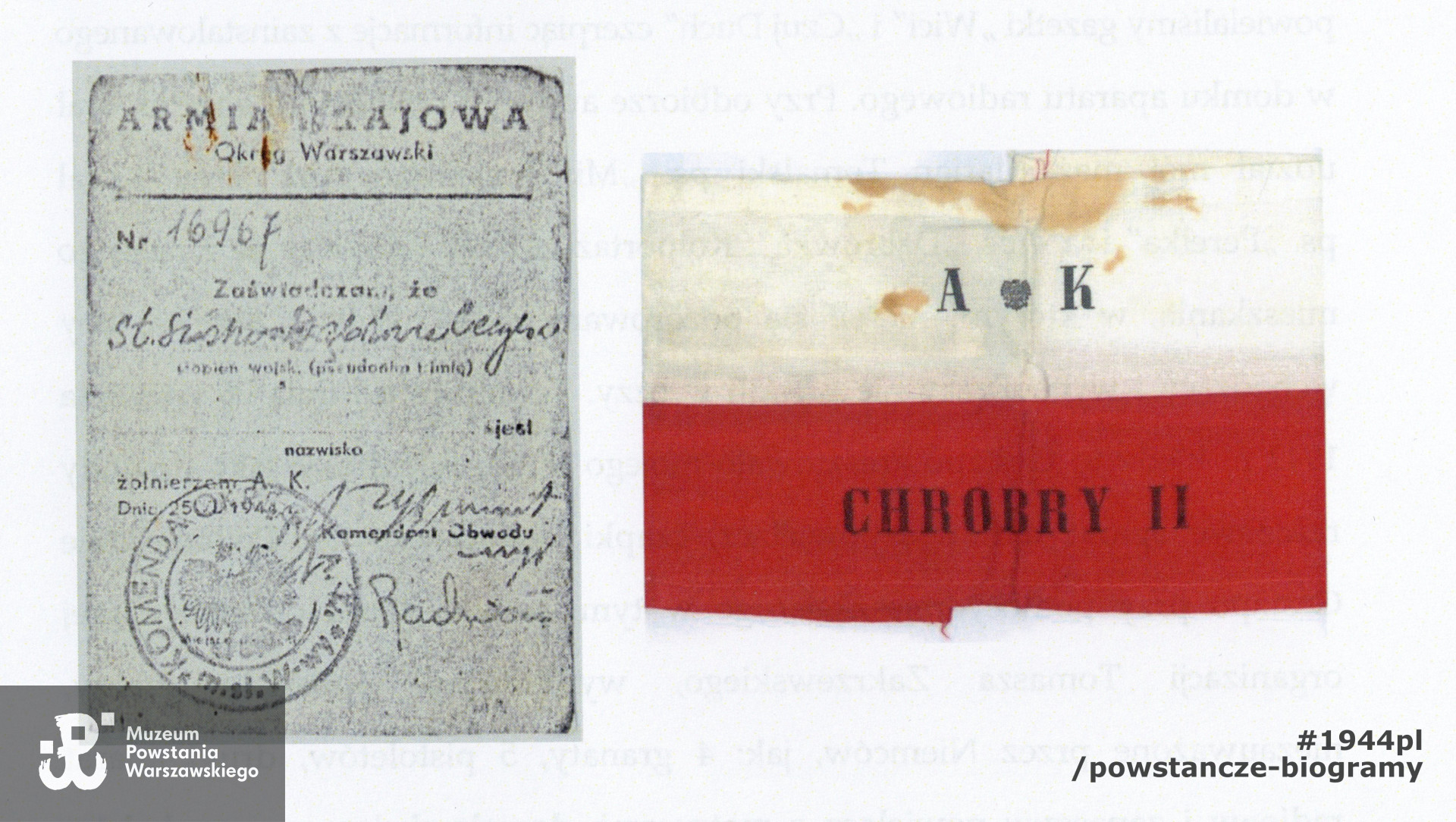 Legitymacja Armii Krajowej i opaska kombatancka. Skan pochodzi ze wspomnień wydanych przez córkę - "Bóg. Honor. Ojczyzna. Wojenne losy rodziny Tomalskich" (2018)