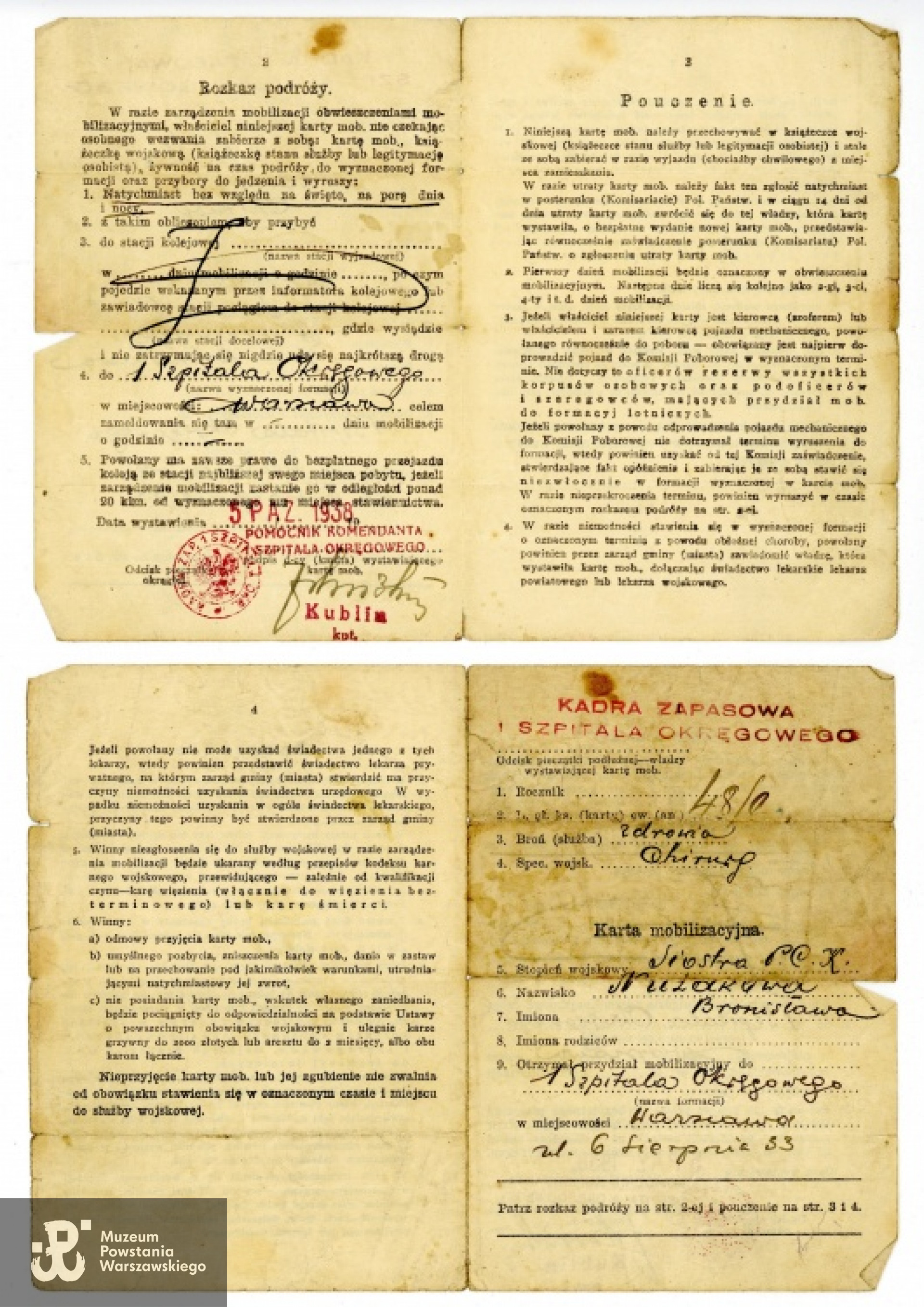 Karta mobilizacyjna siostry PCK Bronisławy Nużak. Przydział wskazany na wypadek wybuchu wojny 1. Szpital Okręgowy w Warszawie, ul. 6 sierpnia 33. Z archiwum rodzinnego Danuty Rozwadowskiej z domu Nurzak.