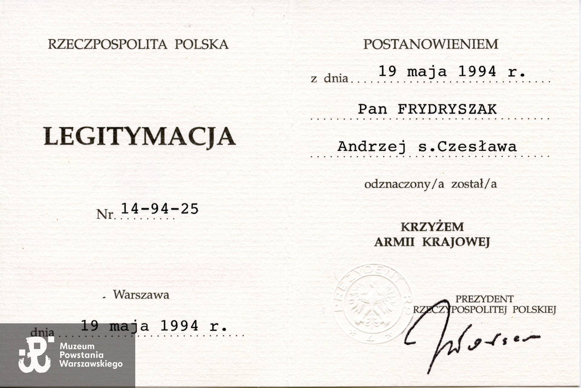 Legitymacja odznaczeniowa - Krzyż Armii Krajowej. Dokument ze zbiorów rodzinnych p. Andrzeja Frydryszaka ps. Michał