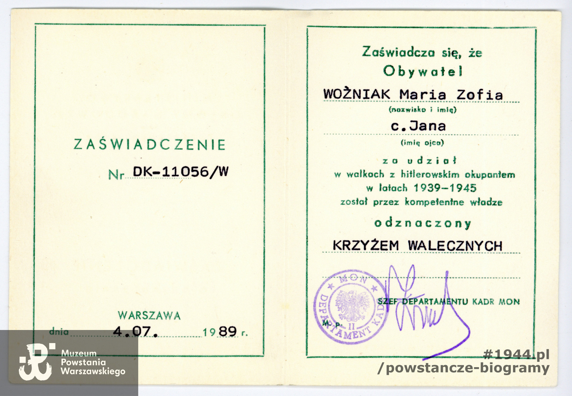 Legitymacja odznaczenia Marii Woźniak "Mili" Krzyżem Walecznych.  Z archiwum rodzinnego p. Anny  Kulik z domu Woźniak.