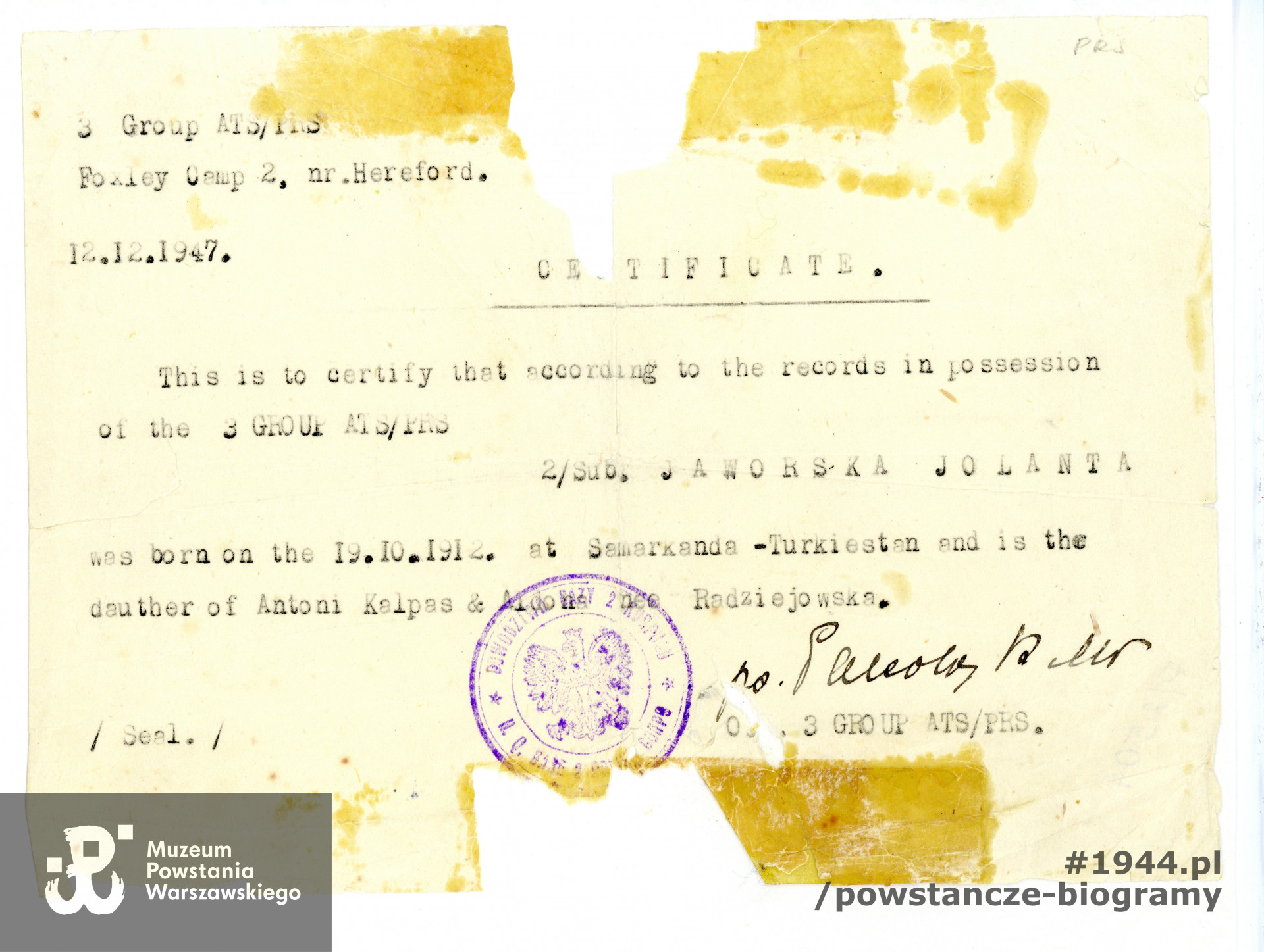 Zaświadczenie wystawione przez Dowództwo 2. Korpusu. Ze zbiorów Muzeum Powstania Warszawskiego, MPW-A-2929 (P/2504)