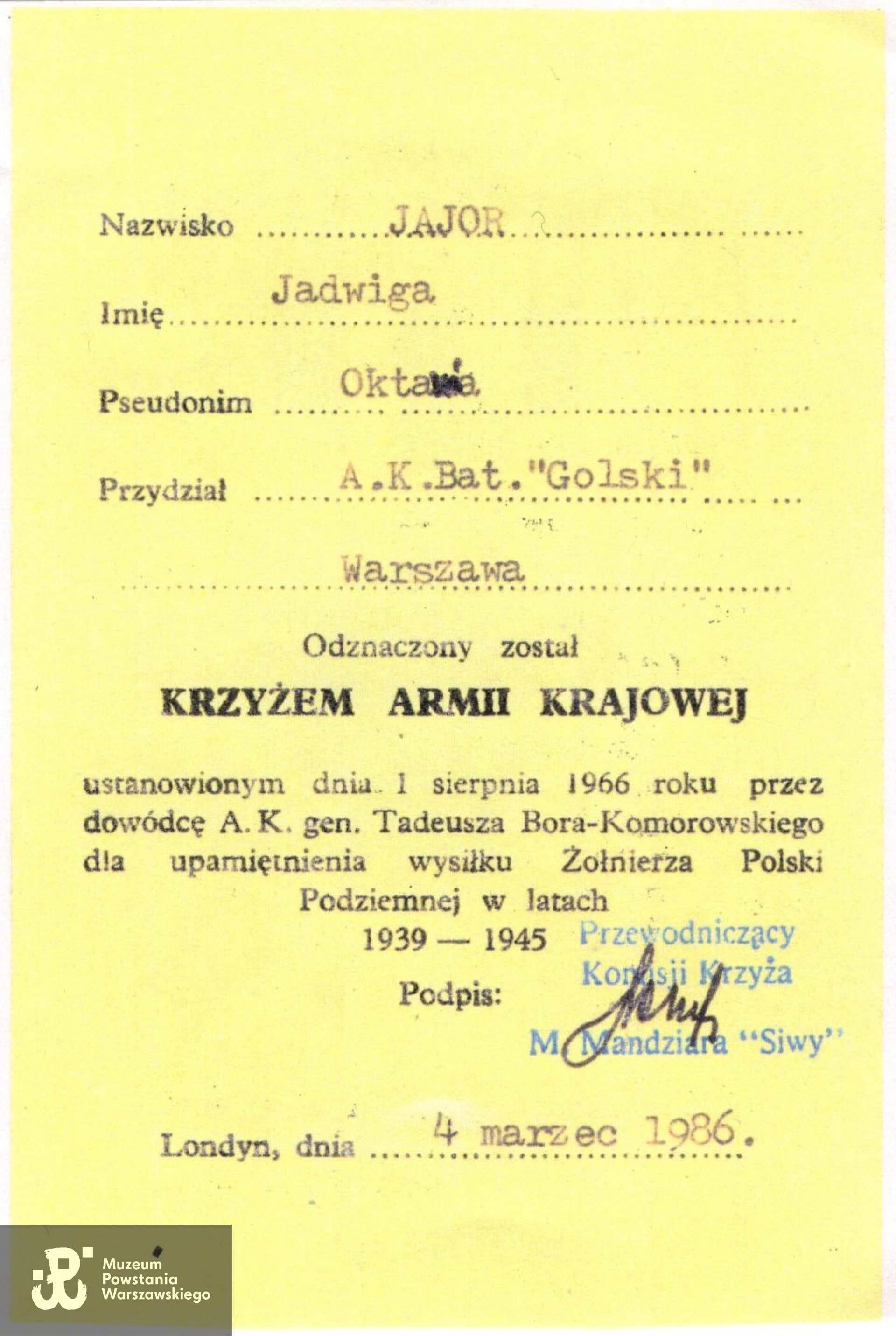 Krzyż Armii Krajowej.  Ze zbiorów rodzinnych,  skany wykonano w Pokoju Kombatanta MPW, 2023 