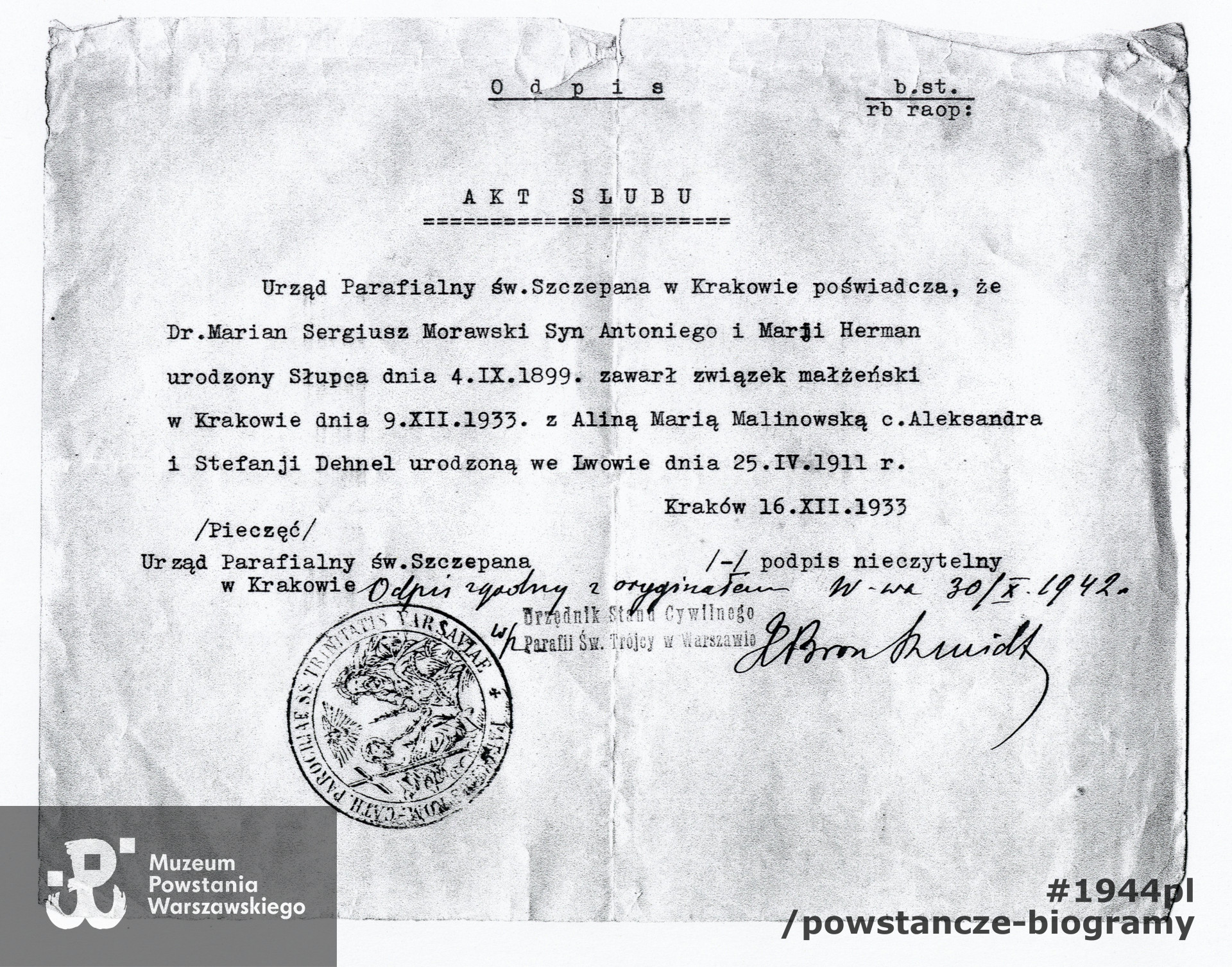 MPW-teczka - materiały przekazane do zbiorów Muzeum Powstania Warszawskiego przez p. Barbarę Morawską - Nowak, córkę dr. Mariana Morawskiego.
