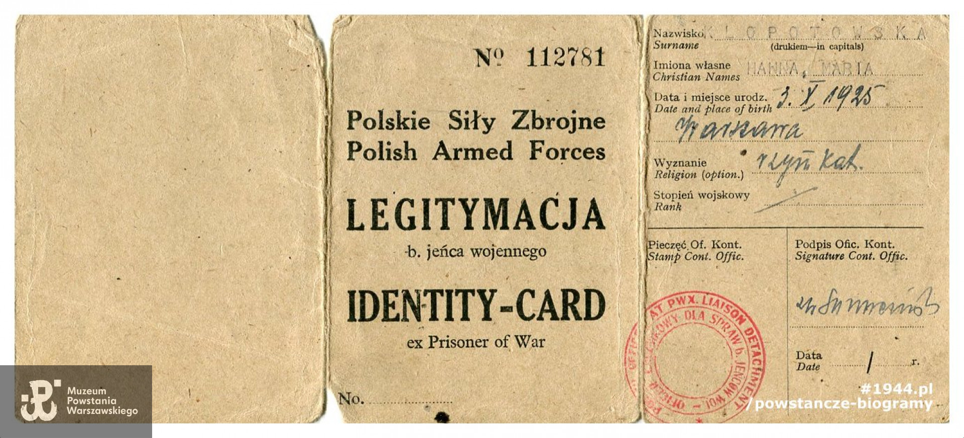 Należąca do Hanny Kłopotowskiej legitymacja byłego jeńca wojennego (Identity Card of ex Prisoner of War). Ze zbiorów Muzeum Powstania Warszawskiego.