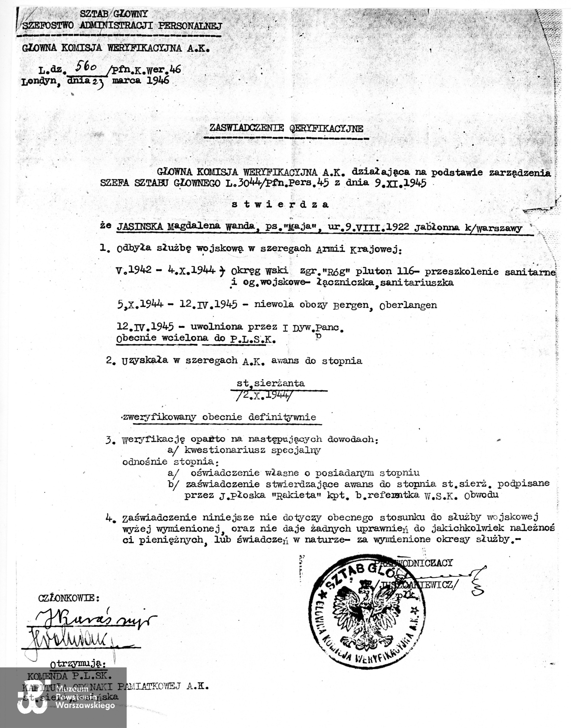 Kopia zaświadczenia weryfikacyjnego Głównej Komisji Weryfikacyjnej AK w Londynie z dnia 23.03.1946 roku, źr. Teczki personalne uczestników Powstania Warszawskiego: Jasińska Magdalena (Wanda). 