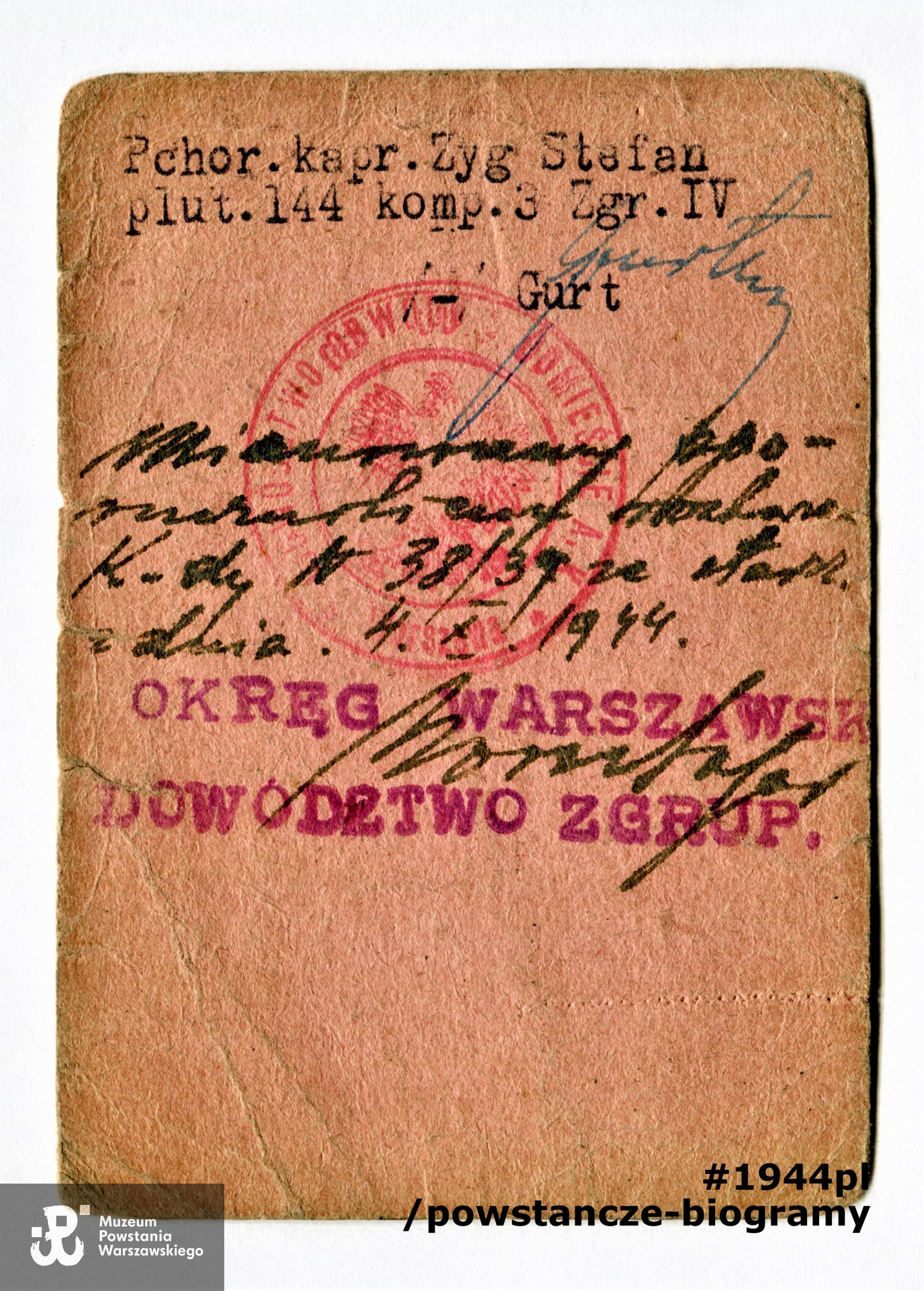 Należąca do Stefana Hocha "Zyga" legitymacja Armii Krajowej. Ze zbiorów rodzinnych