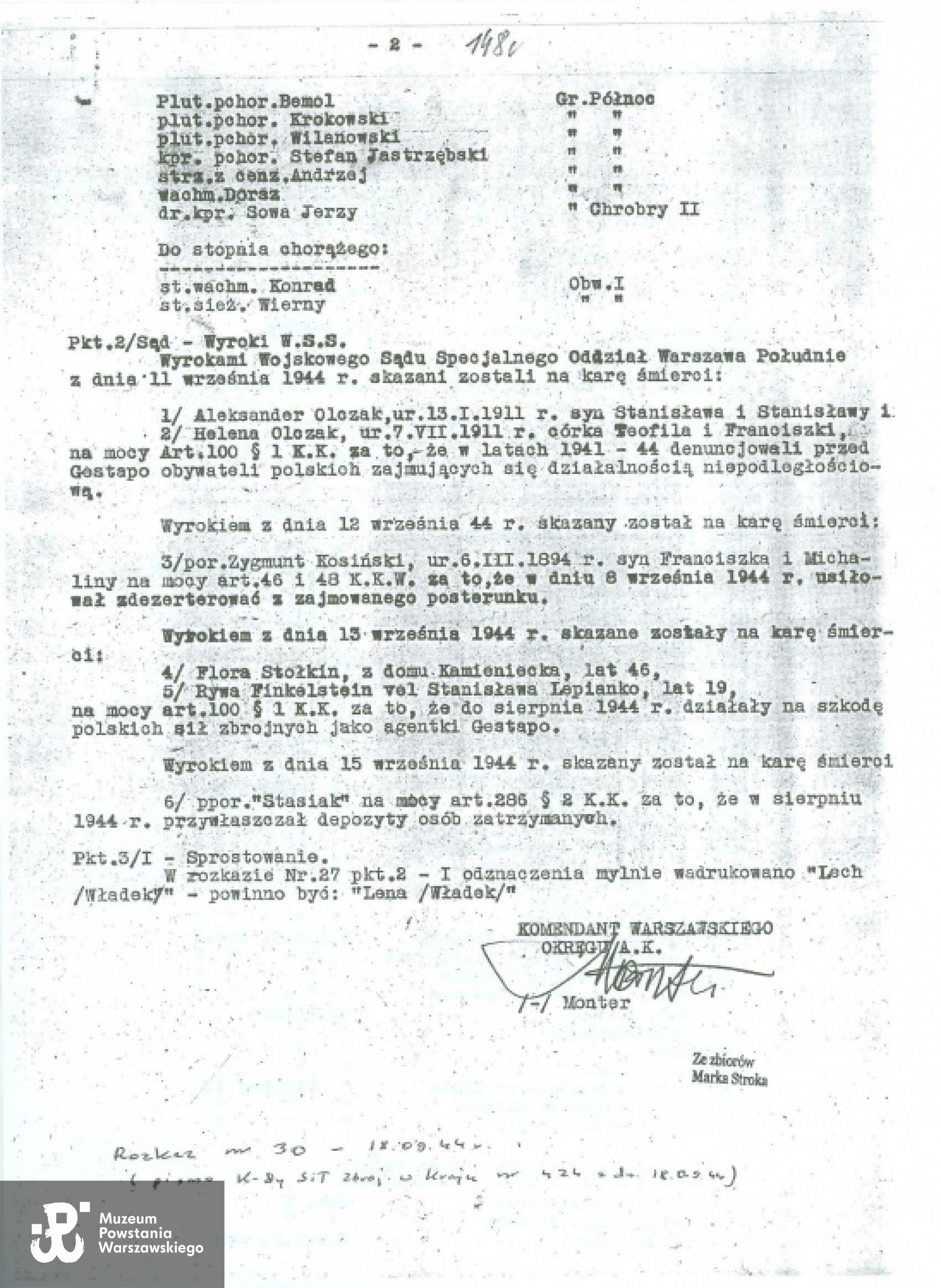 Rozkaz nr. 30 z dn.18.09.1944 r. podpisany przez Komendanta Okręgu warszawskiego AK Antoniego Chruściela "Montera". Ze zbiorów Marka Stroka / MPW