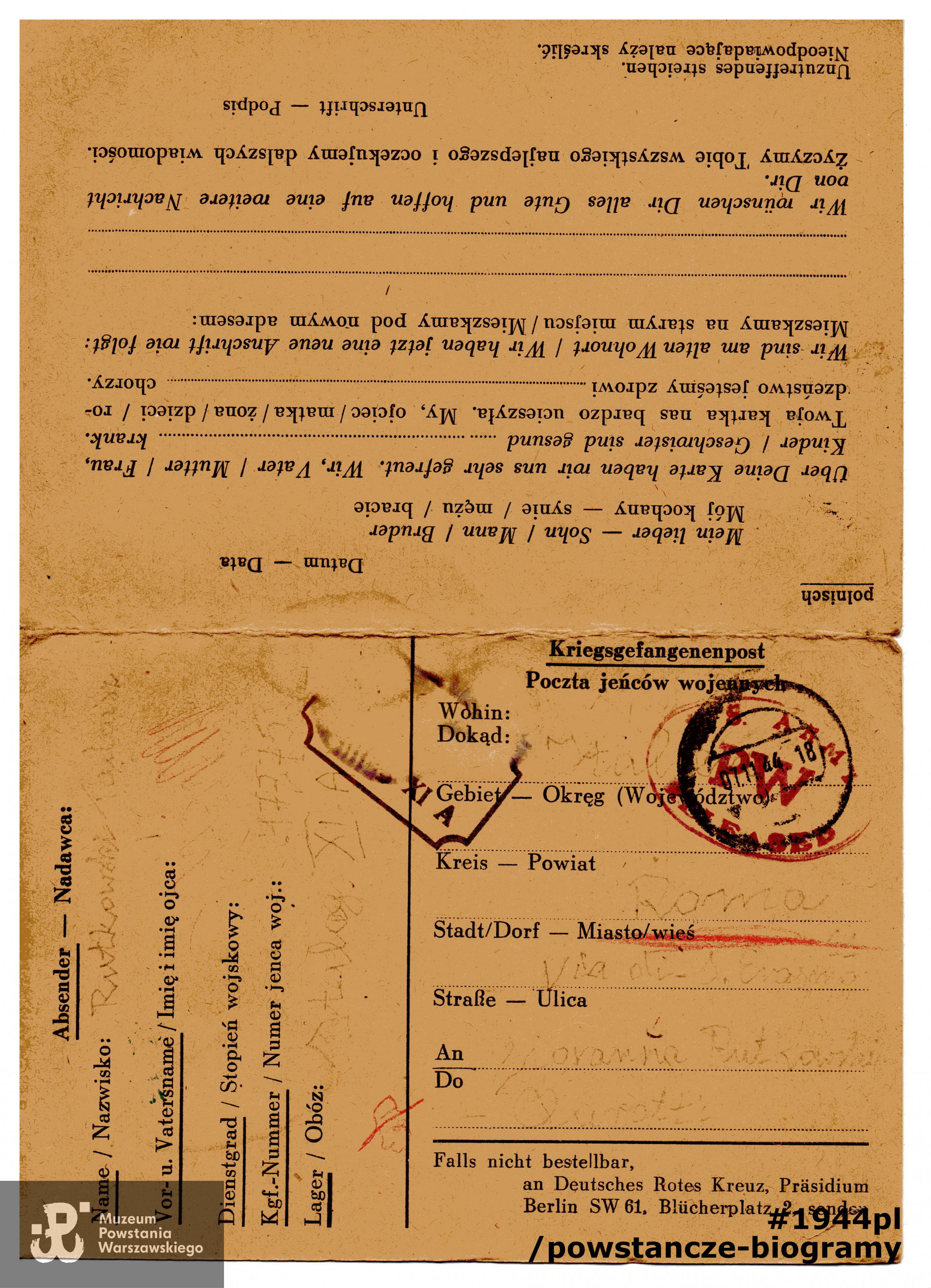 List z obozu wysłany do siostry w Rzymie. Skan dokumentu nadesłał p. Andrzej Rutkowski, syn Powstańca