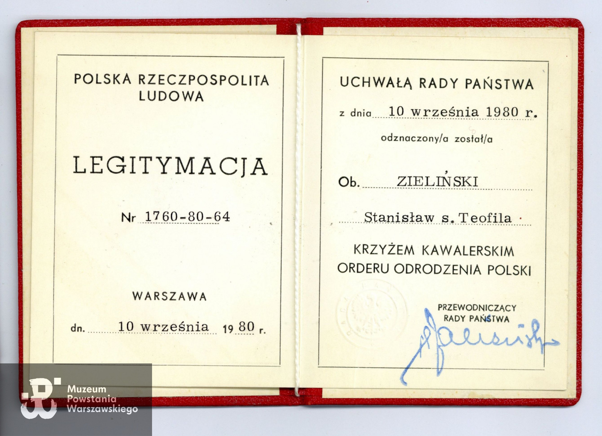 Legitymacja odznaczeniowa KKOOP. Z archiwum rodzinnego p. Waldemara Zielińskiego
