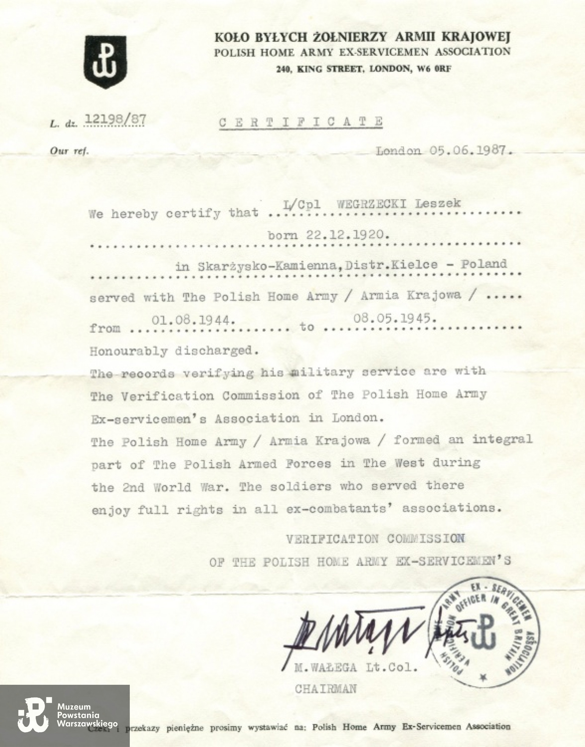 Zaświadczenie weryfikacyjne - Londyn, 1987 r. Fot. archiwum rodzinne