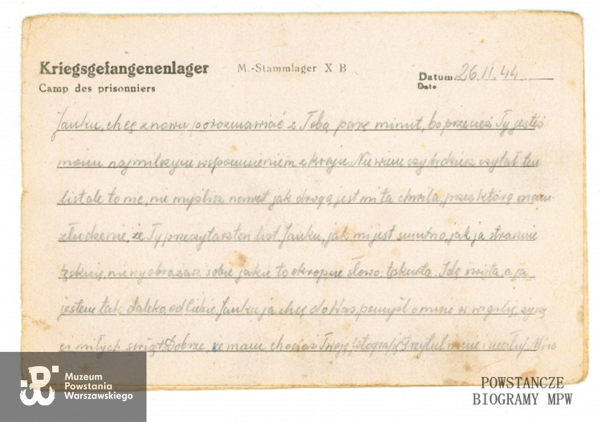 Korespondencja obozowa - list pchor. Miry Piotrowskiej wysłany do Jana Andersa ze Stalagu X B. Fot. archiwum rodzinne