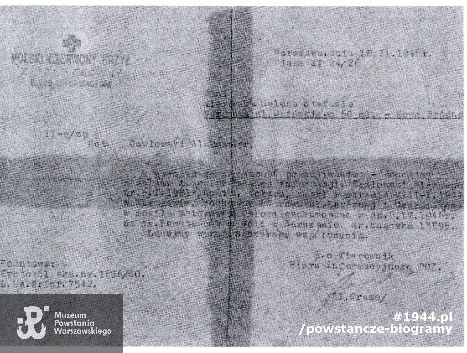 Pismo  Biura Informacyjnego PCK z 1948 r.  poświadczające miejsce pochówku Aleksandra Gawłowskiego. Z archiwum Stanisława Gawłowskiego