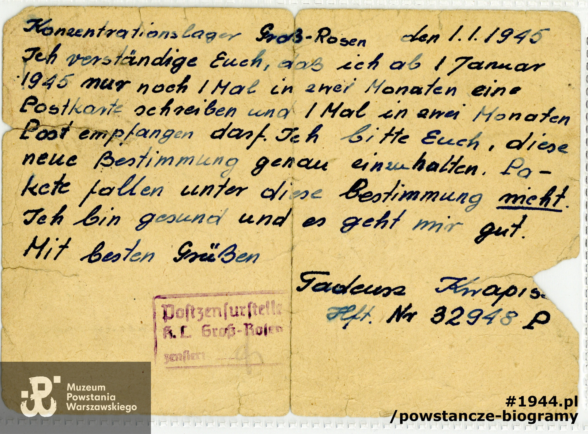 Ostatnie listy Tadeusza do rodziny pisane z KL Gross-Rosen - styczeń 1945. Z archiwum rodzinnego