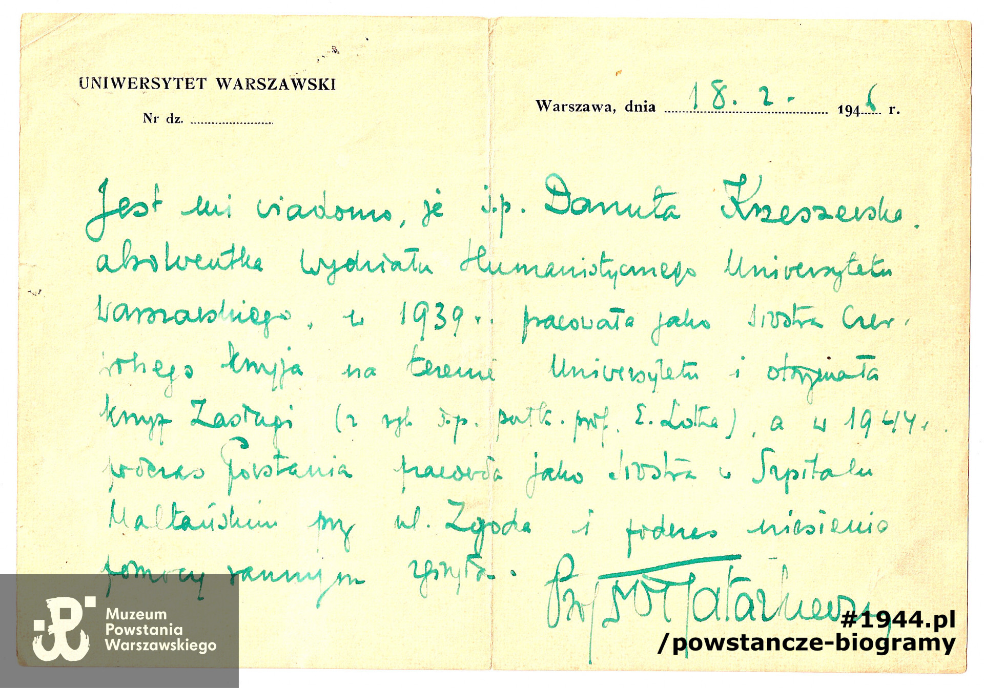 Zaświadczenie prof. Władysława Tatarkiewicza. Zbiory prywatne.