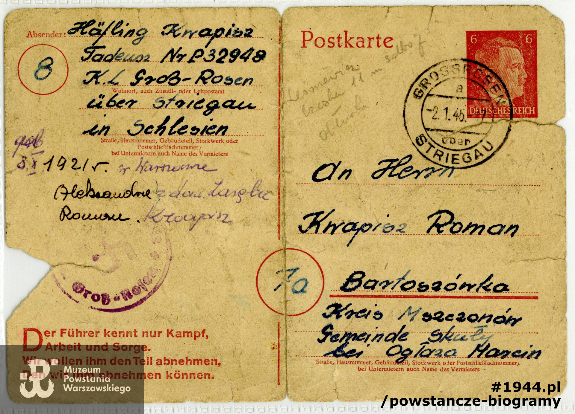 Ostatnie listy Tadeusza do rodziny pisane z KL Gross-Rosen - styczeń 1945. Z archiwum rodzinnego