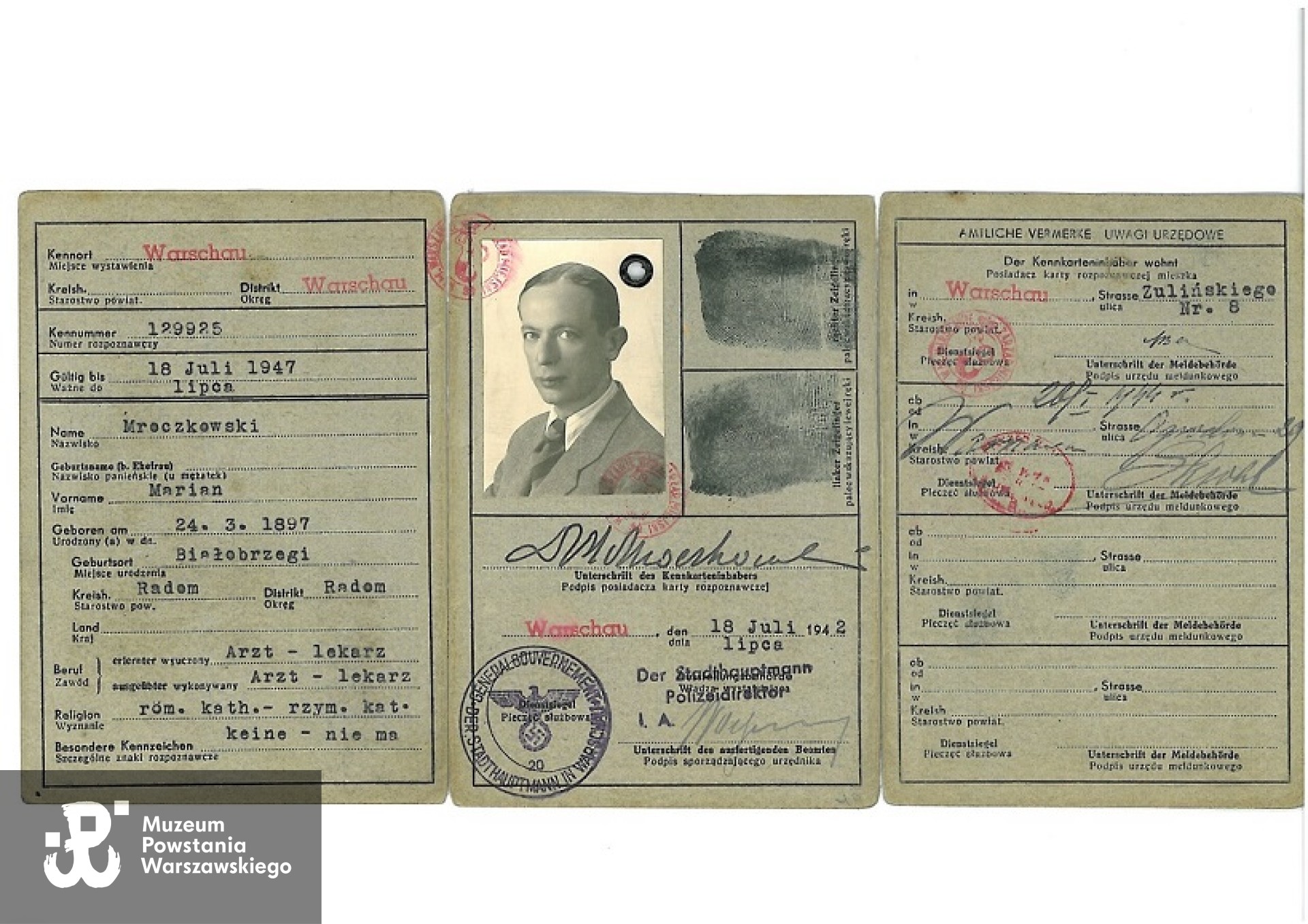 Okupacyjna kenkarta dr. Mariana Mroczkowskiego. Z archiwum rodzinnego Agaty Sobczyk.