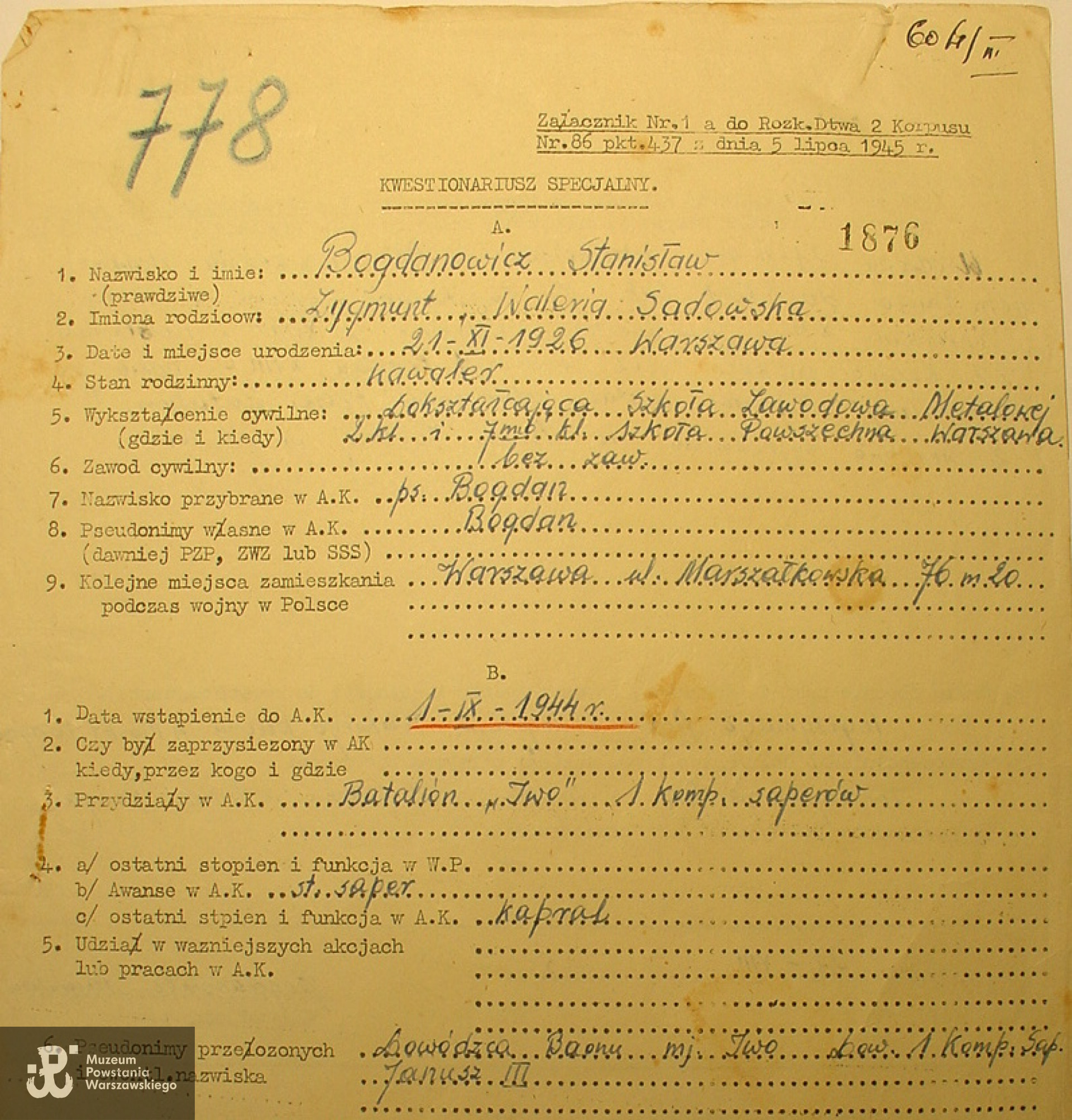 Studium Polski Podziemnej w Londynie - akta komisji weryfikacyjnej - kwestionariusz specjalny. Źródło: SPP