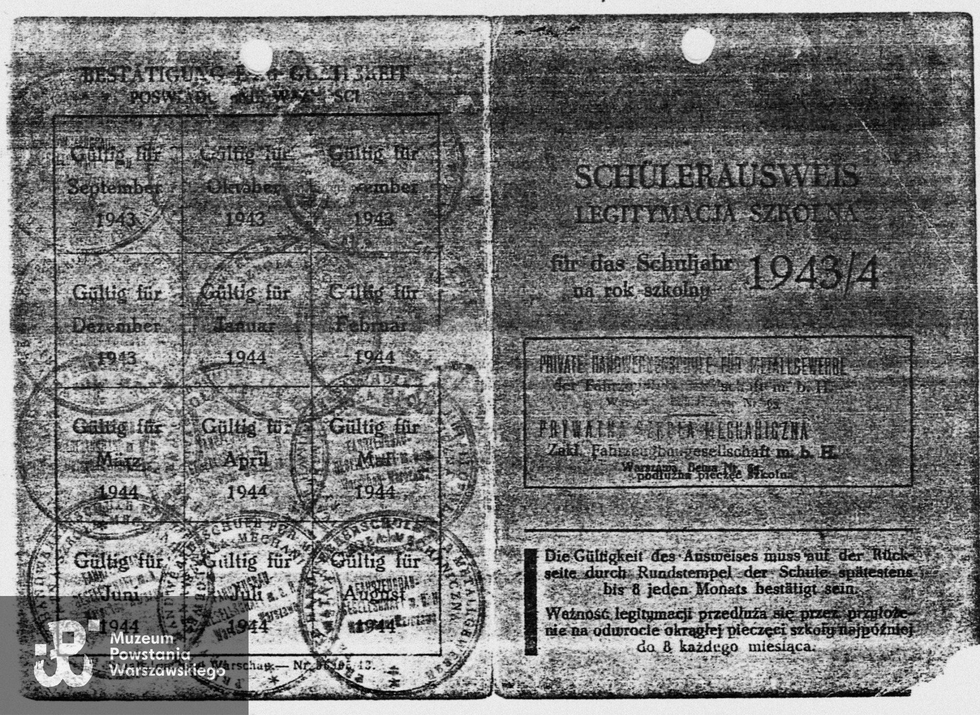 Kserokopa legitymacji szkolnej z okresu okupacji niemieckiej. Źródło: Muzeum Powstania Warszawskiego, Teczki personalne uczestników Powstania Warszawskiego: Zieliński Andrzej Michał "Jędrek", zasób Pokoju Kombatanta MPW