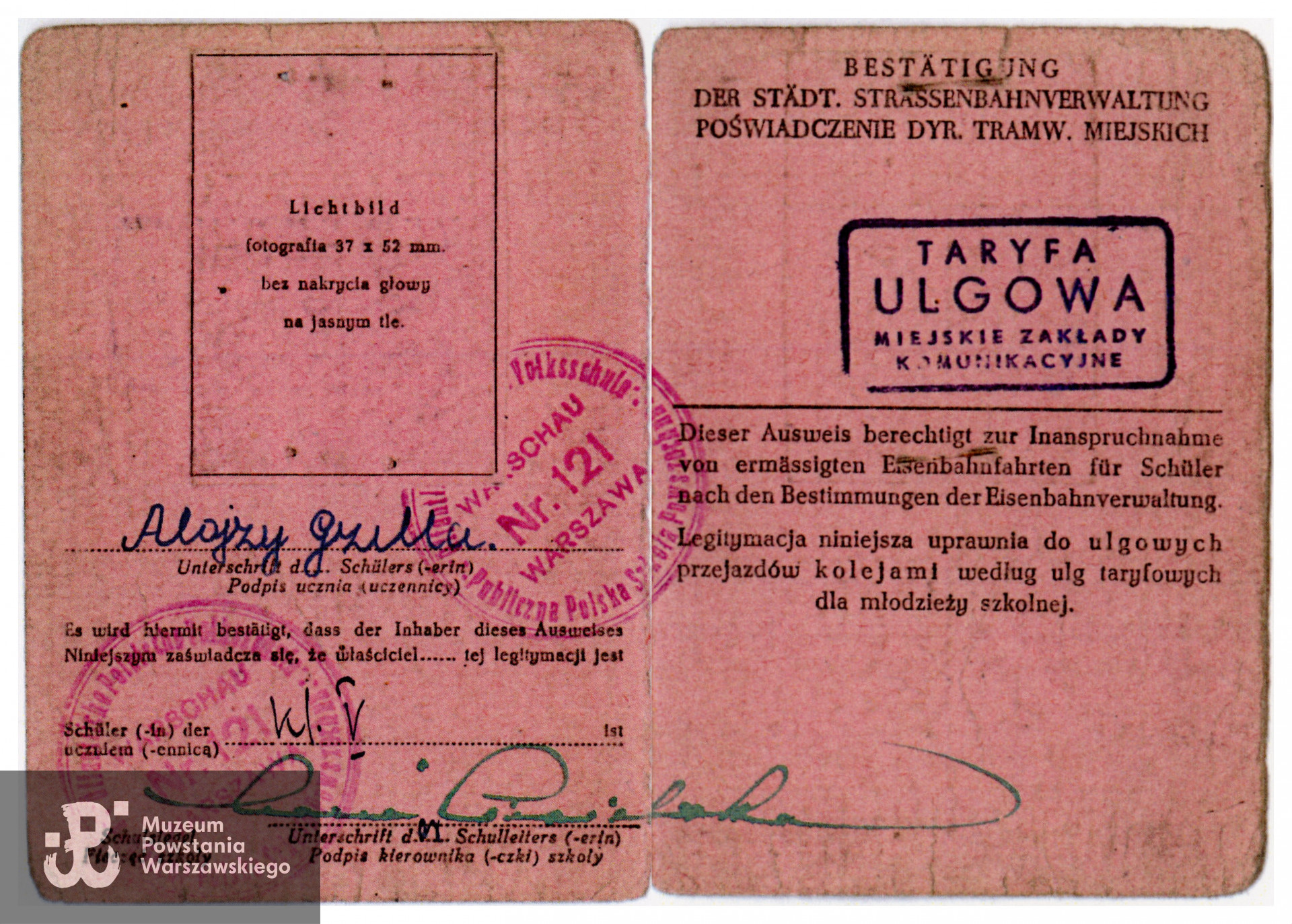 Należąca do Alojzego legitymacja szkolna (niem. Schülerausweis) wystawiona na rok szkolny 1943/1944. Ze zbiorów prywatnych Powstańca.