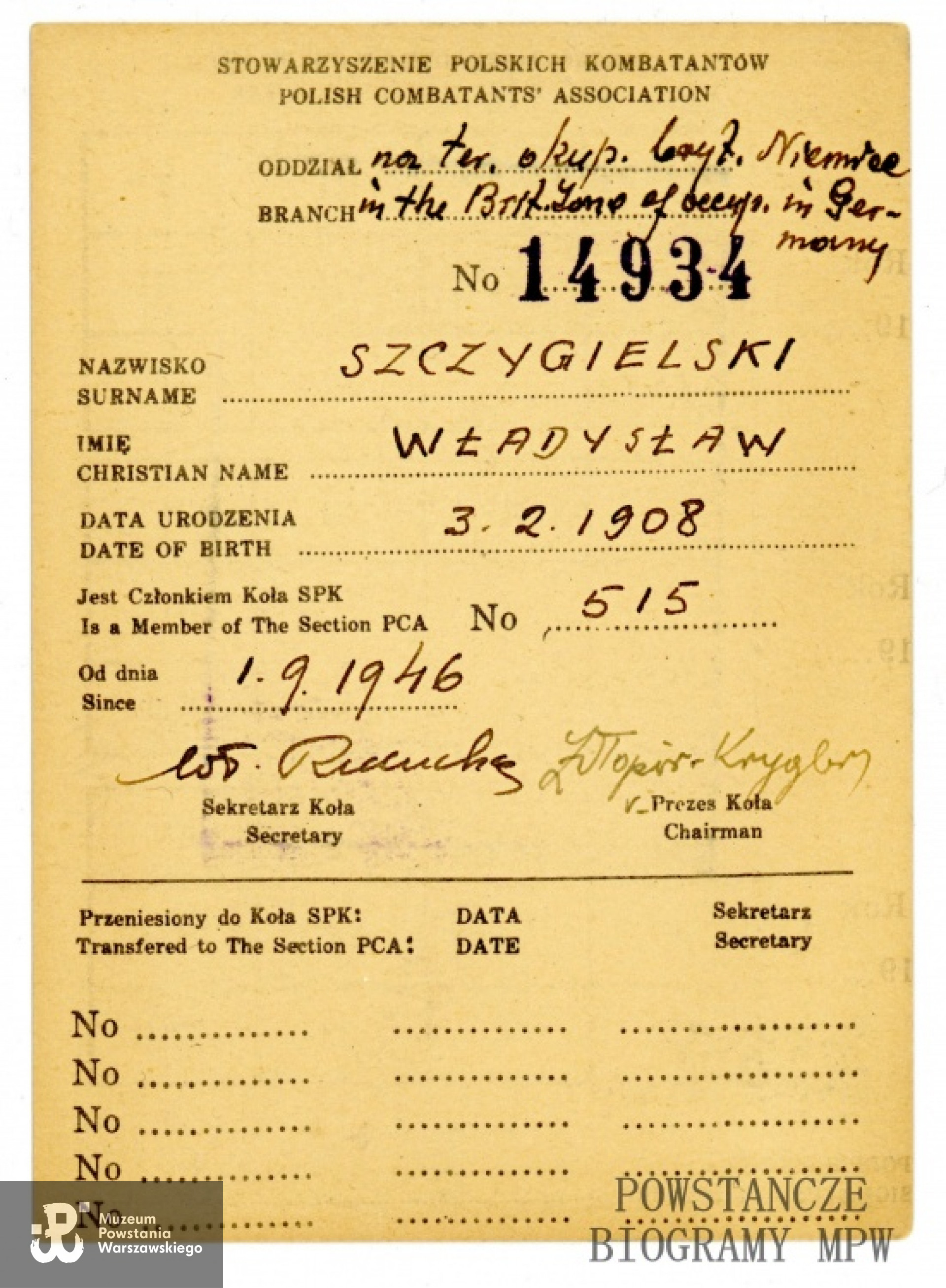 Legitymacja Stowarzyszenia Polskich Kombatantów (1946 rok). Ze zbiorów Muzeum Powstania Warszawskiego, sygn. P/5450