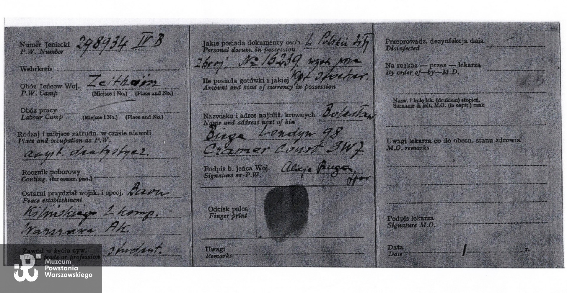 Kserokopia Legitymacji Byłego Jeńca Wojennego.  Źródło: Teczki personalne uczestników Powstania Warszawskiego: Treutler-Biega Alicja