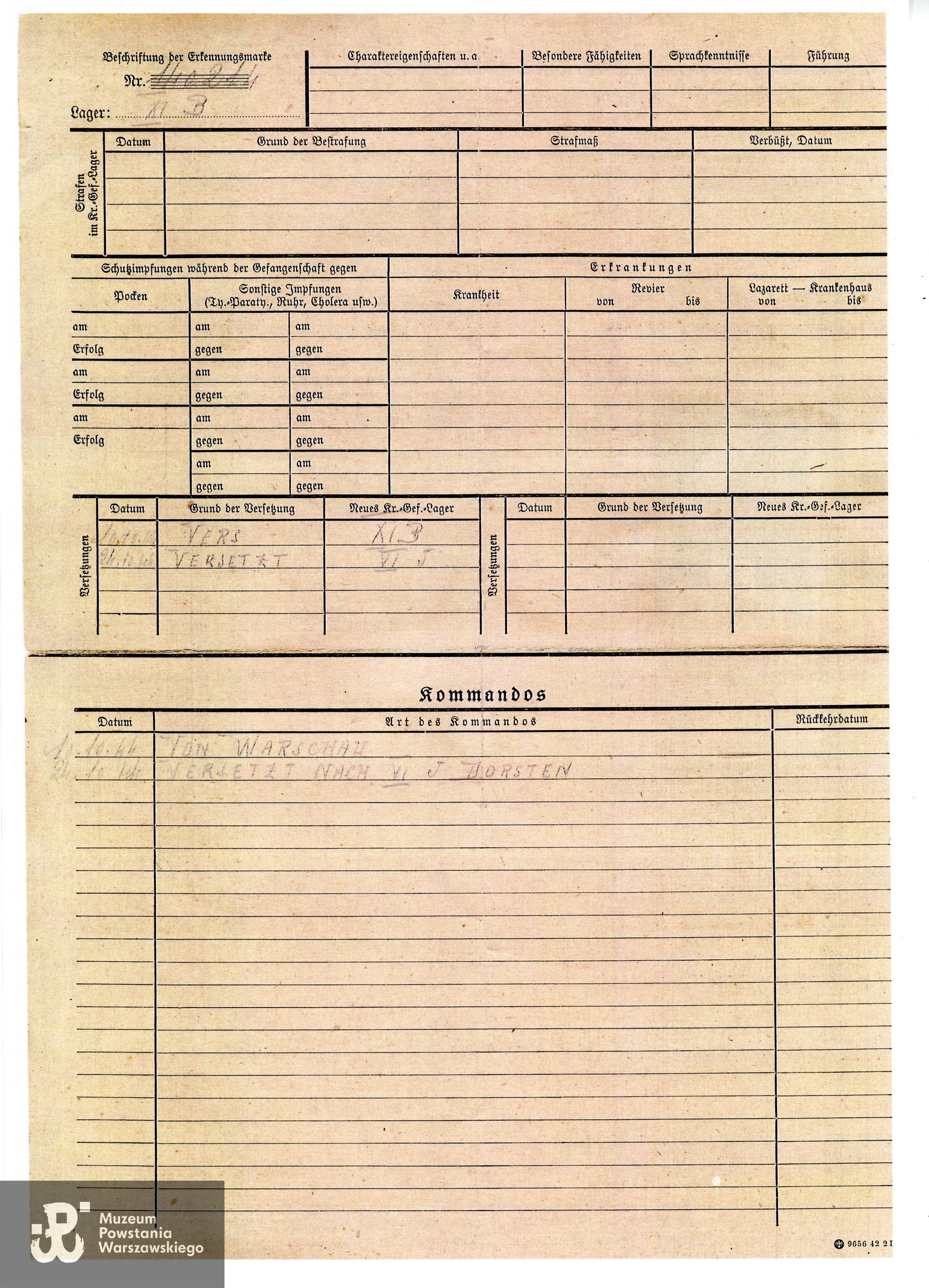 Personalkarte - karta personalna jeńca wojennego Mieczysława Wilhelmiego, październik 1944 r.  Skan z kserokopii,  Muzeum Powstania Warszawskiego, Teczki personalne uczestników Powstania Warszawskiego: Wilhelmi Jerzy. 