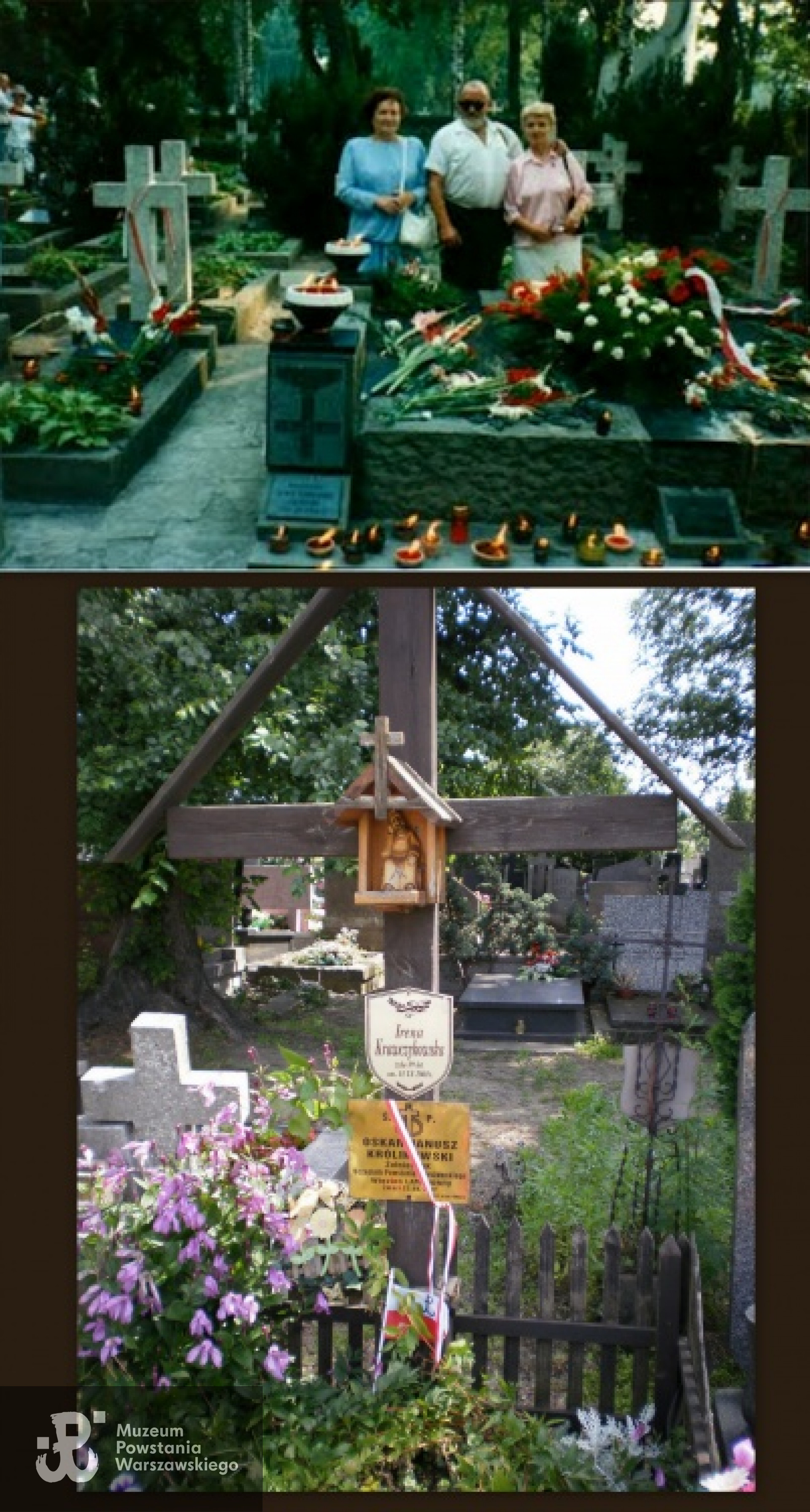 U góry: Oskar Królikowski na Powązkach Wojskowych 1 sierpnia 1994 r. Poniżej: grób Oskara Janusza Królikowskiego. Fot. Jan Kulczycki.