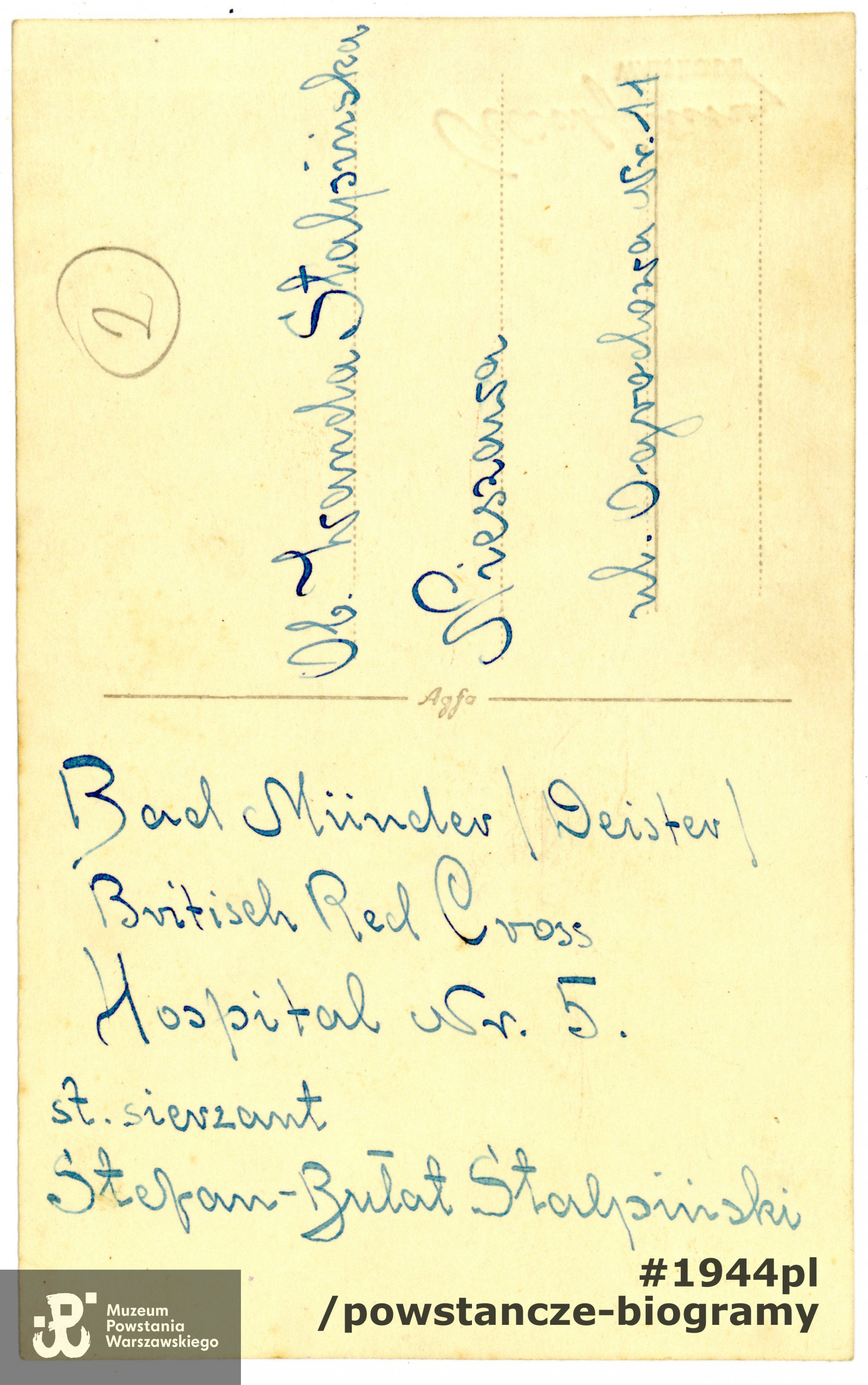 Rewers fotografii wraz z opisem. Fotografia ze zbiorów rodzinnych p. Stefana Stalpińskiego, syna "Bułata". Skan wykonany w Muzeum Powstania Warszawskiego, 02/2020