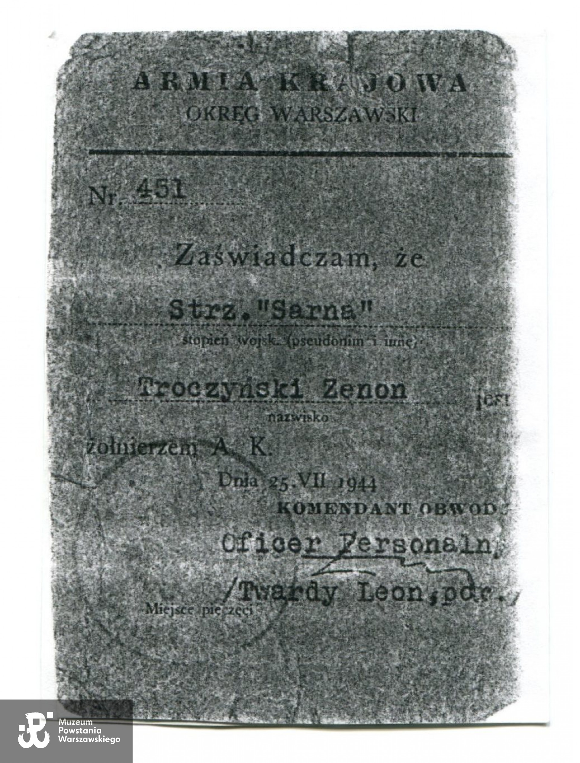 Legitymacja Armii Krajowej. Kserokopia w zbiorach MPW