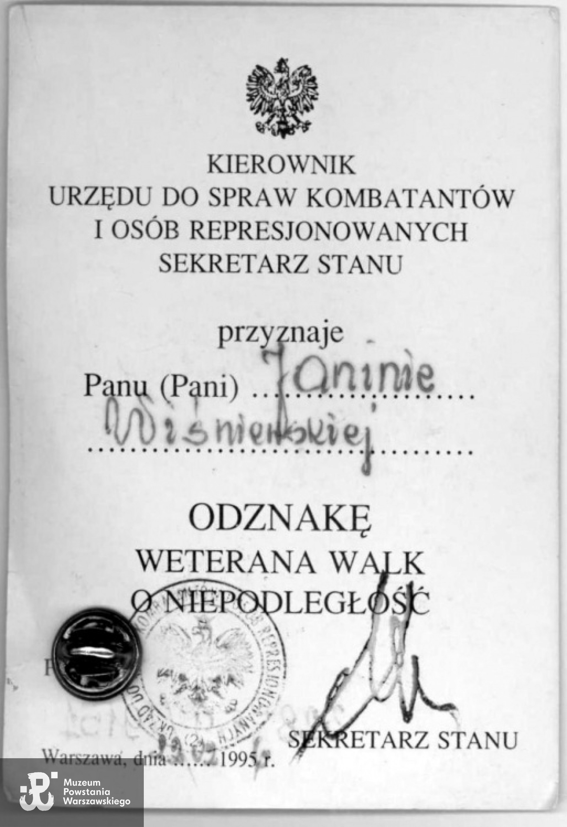 Legitymacja odznaczeniowa - Odznaka Weterana Walk o Niepodległość. Fot. archiwum rodzinne