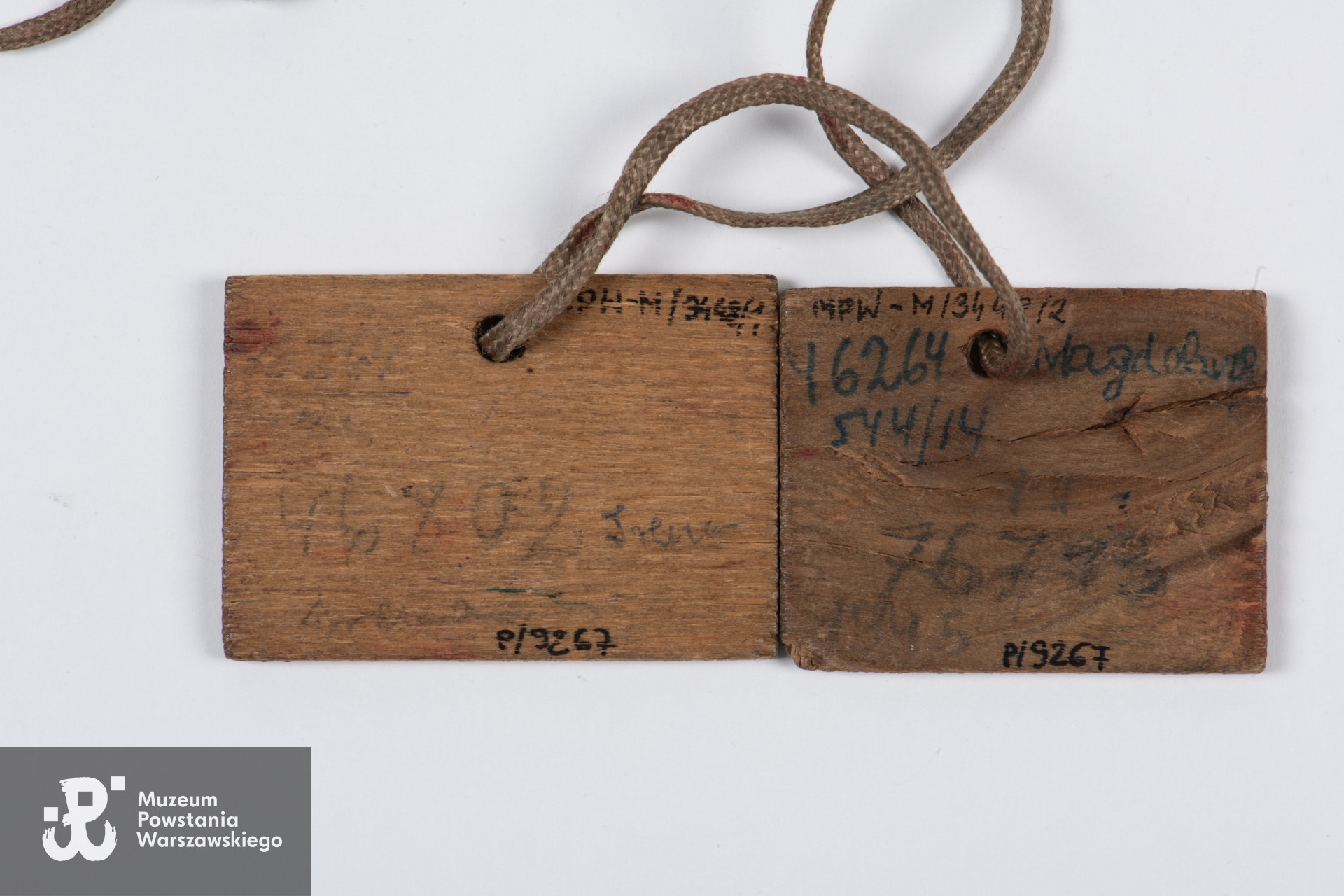 Dwa jenieckie numery identyfikacyjne należące do matki i córki - Haliny i Barbary Muszyńskich: numer jeniecki na drewienku należący do Haliny Muszyńskiej - Stalag XIA (46675)- zbiory Muzeum Powstania Warszawskiego sygn. MPW-M/3448/1 oraz numer jeniecki na drewienku należący do Barbary Muszyńskiej (obecnie Muszyńskiej-Jochelson) - Stalag XIA (46676) sygnatura MPW-M/3448/2. Numery powiązane sznurkiem, stanowią komplet. Halina Muszyńska i jej ośmioletnia córka Barbara brały udział w Powstaniu Warszawskim na Żoliborzu, obie również trafiły do obozów jenieckich, co jest ewenementem ze względu na wiek dziewczynki. Po wyzwoleniu obozów wróciły do Polski.