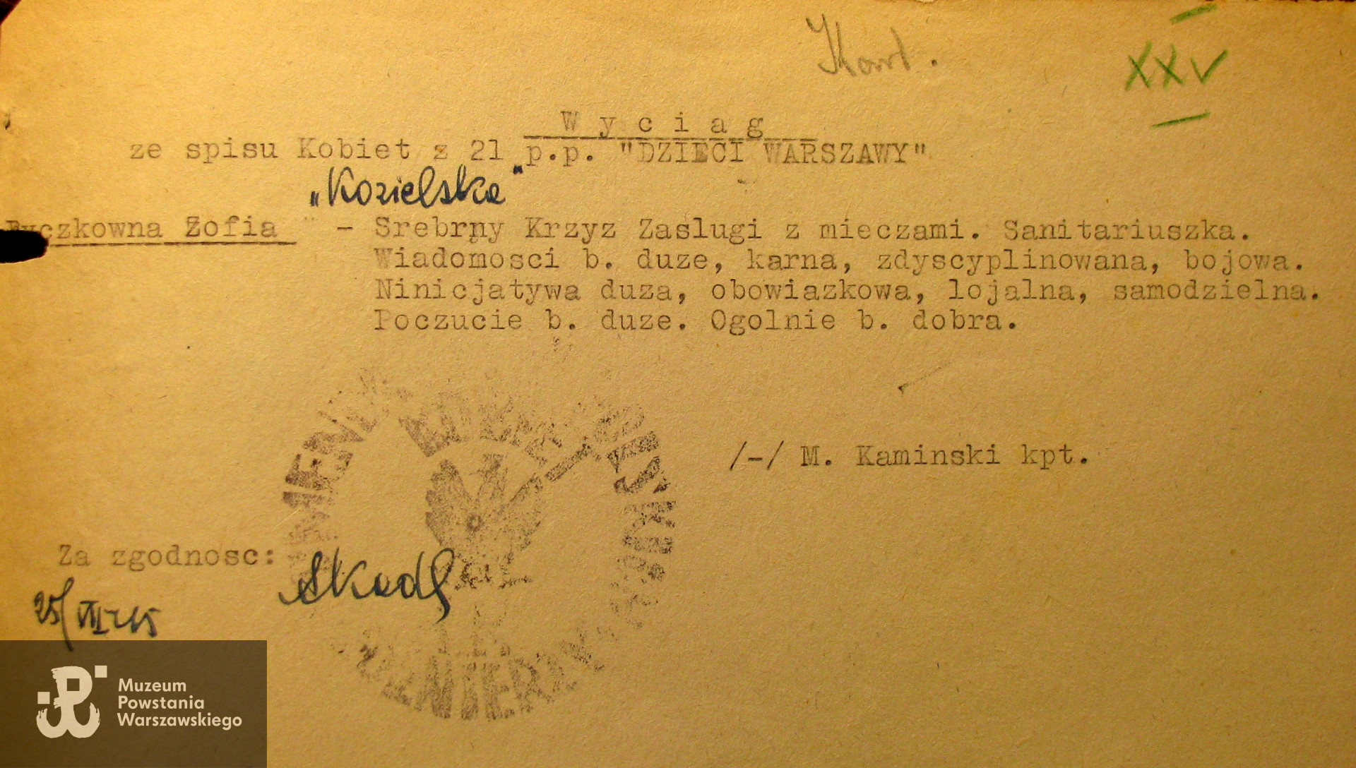 Archiwum Studium Polski Podziemnej w Londynie - akta Komisji Weryfikacyjnej AK, 1945-1947 r.: Byczek-Kozielska Zofia ps. Byczkówna.