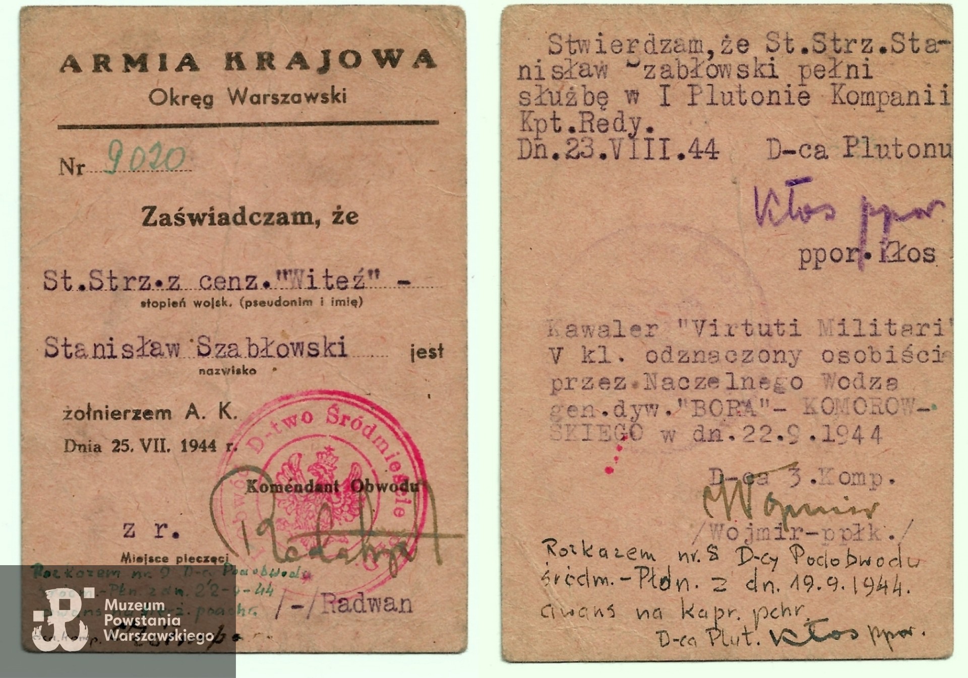 Legitymacja Armii Krajowej wystawiona na nazwisko st. strz. z cenzusem  Stanisław  Szabłowski. Skan nadesłała p. Maria Wąsowska, córka Powstańca 