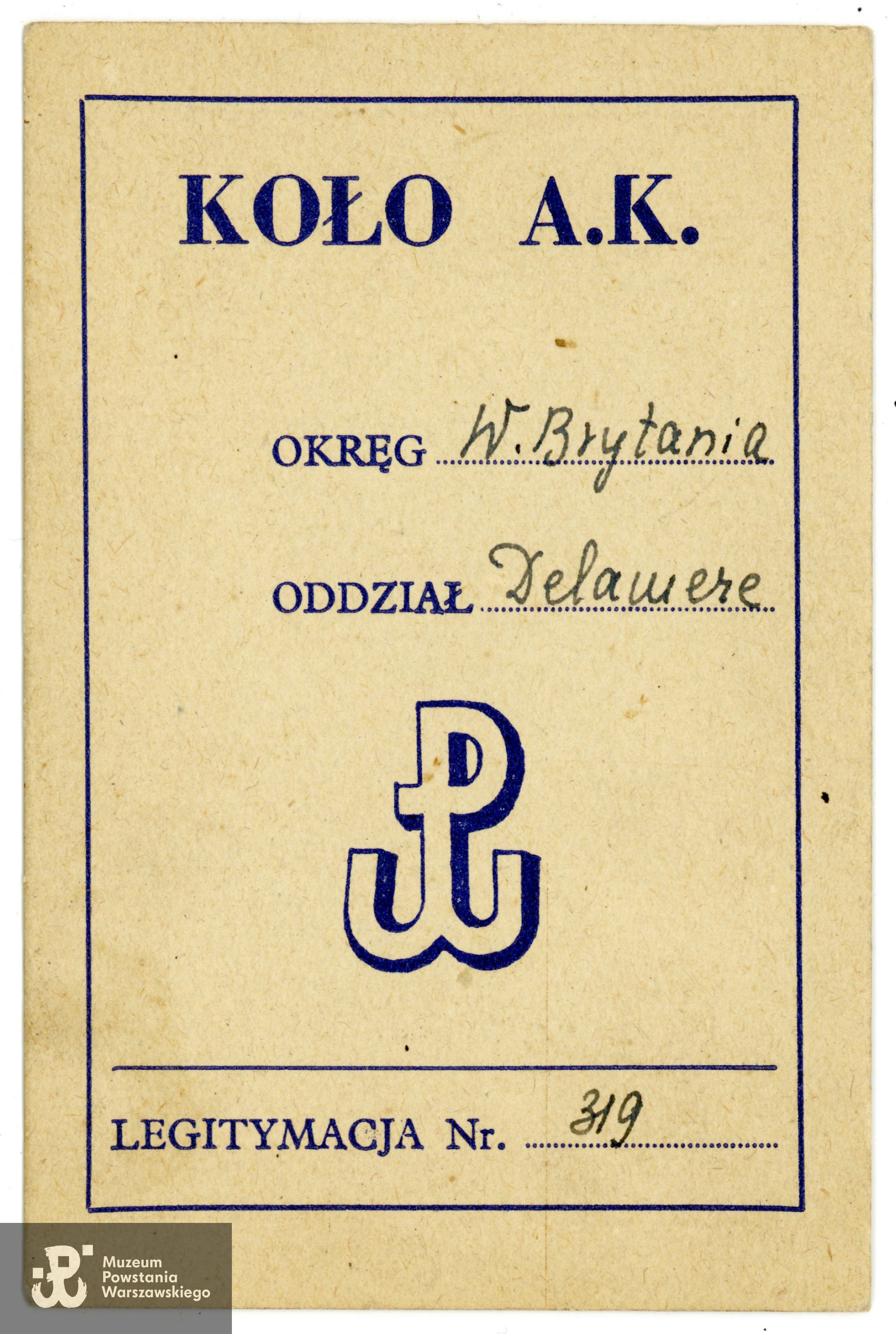Legitymacja Koła AK Okręg Wielka Brytania