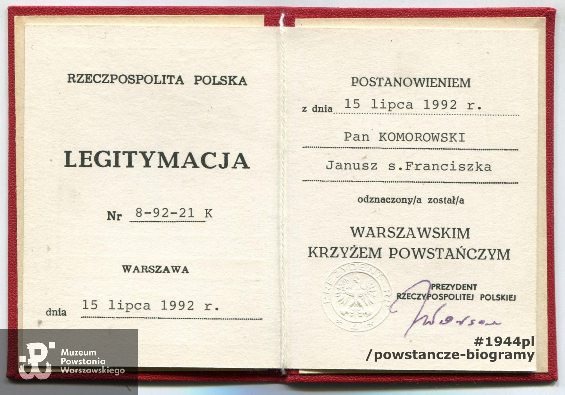 Legitymacja odznaczeniowa ze zbiorów p. Janusza Komorowskiego ps. „Antek”. Skan - materiały do Słownika Uczestników PW/Pokój Kombatanta MPW