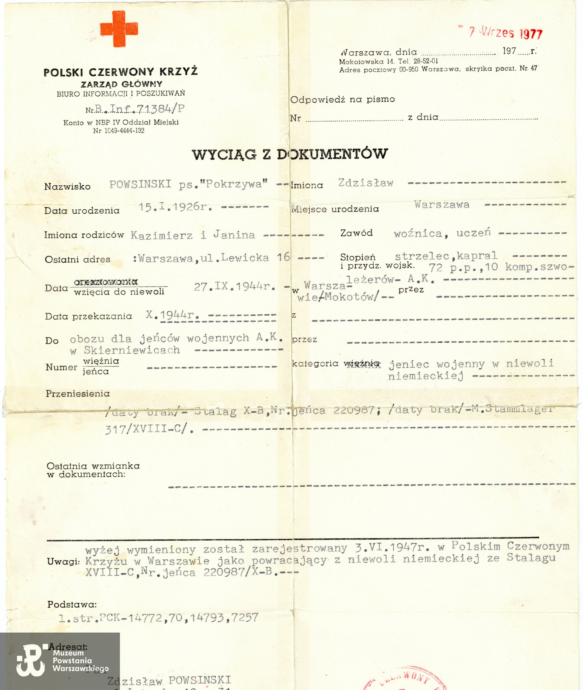 Książeczka wojskowa Zdzisława Powsińskiego, 1947 rok.  Wyciąg z dokumentów PCK. Ze zbiorów Muzeum Powstania Warszawskiego, sygn. P/9405/20