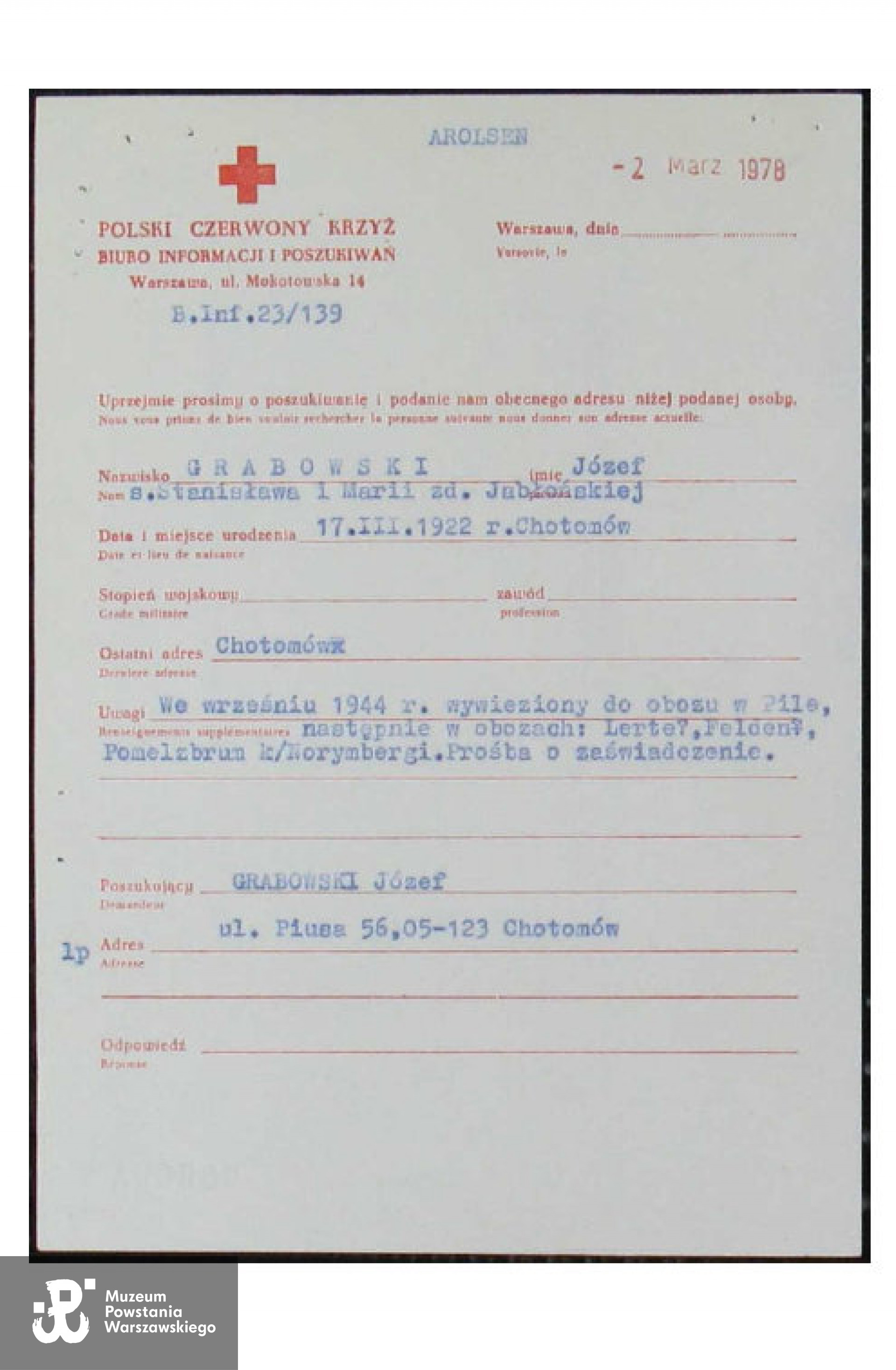 Wyciąg z akt korespondencyjnych TD-1 047 915,  Archiwum Arolsen